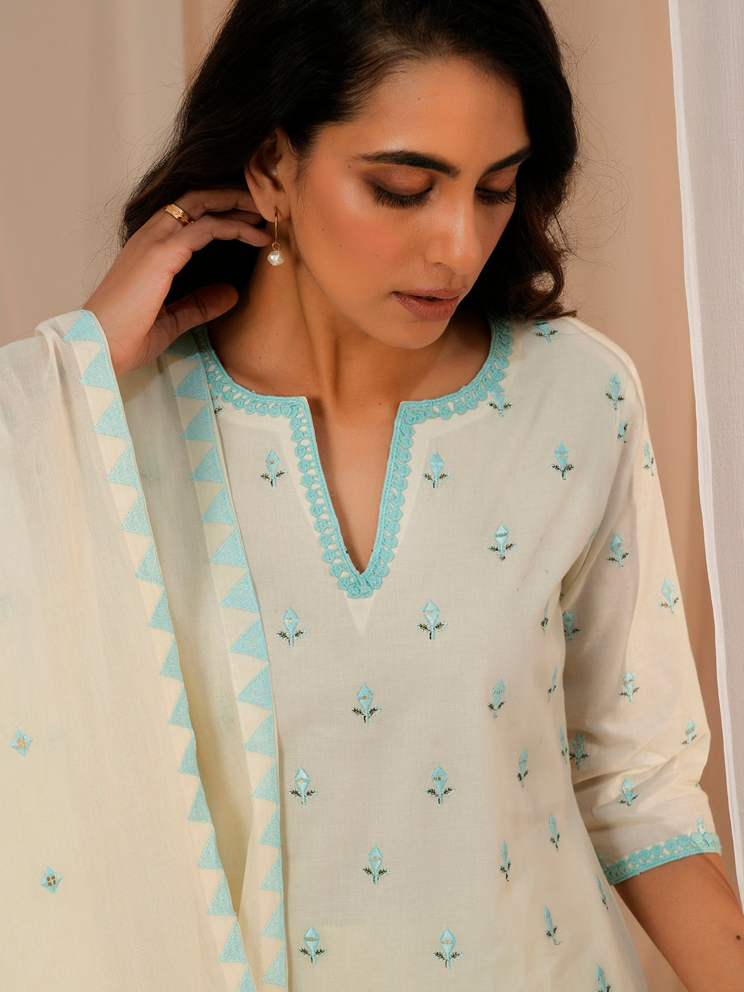 Off White Embroidered Cotton Straight Suit With Dupatta