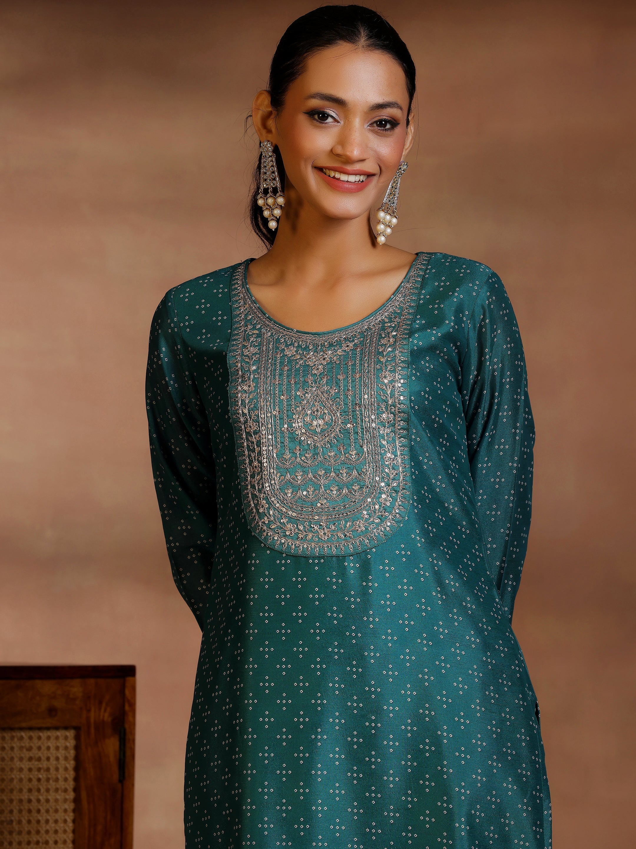 Green Printed Silk Blend Straight Suit With Dupatta