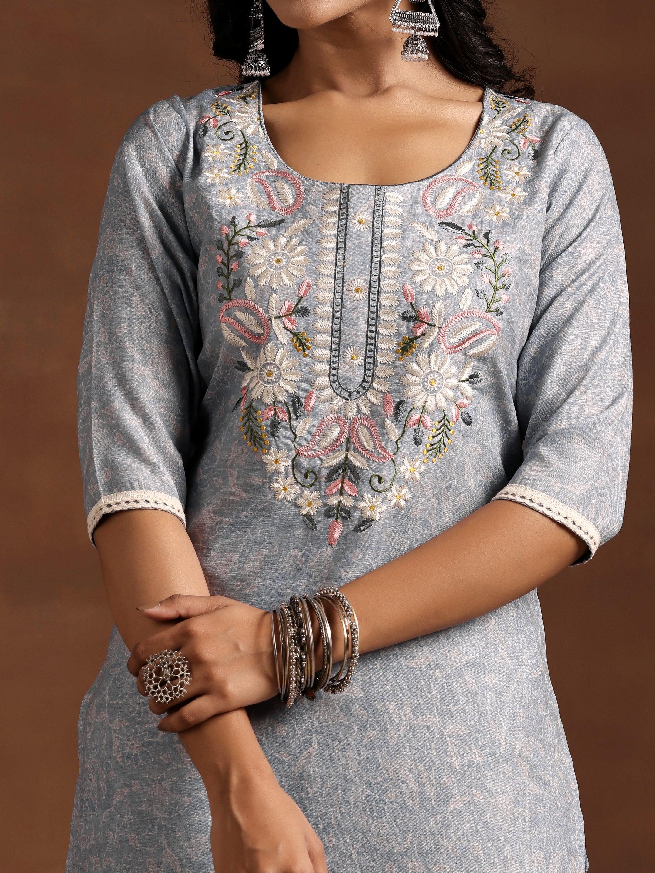 Grey Yoke Design Cotton Straight Suit With Dupatta