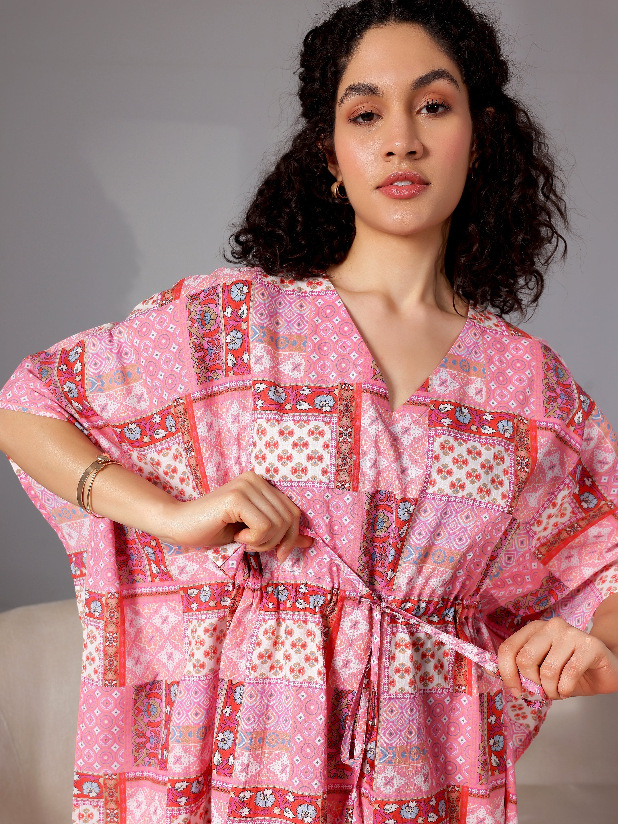 Pink Printed Cotton Kaftan Night Dress