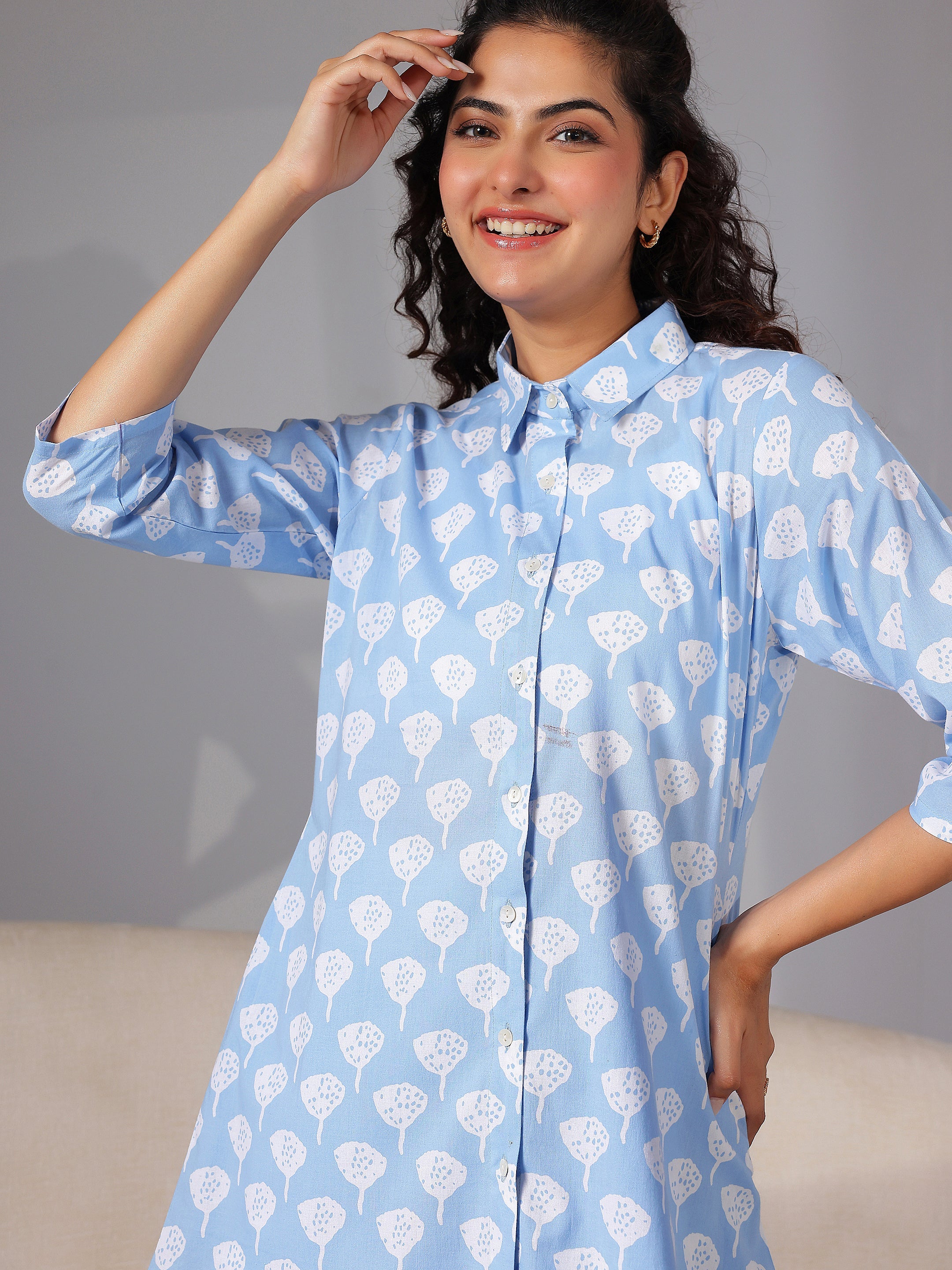 Blue Printed Cotton Night Suits