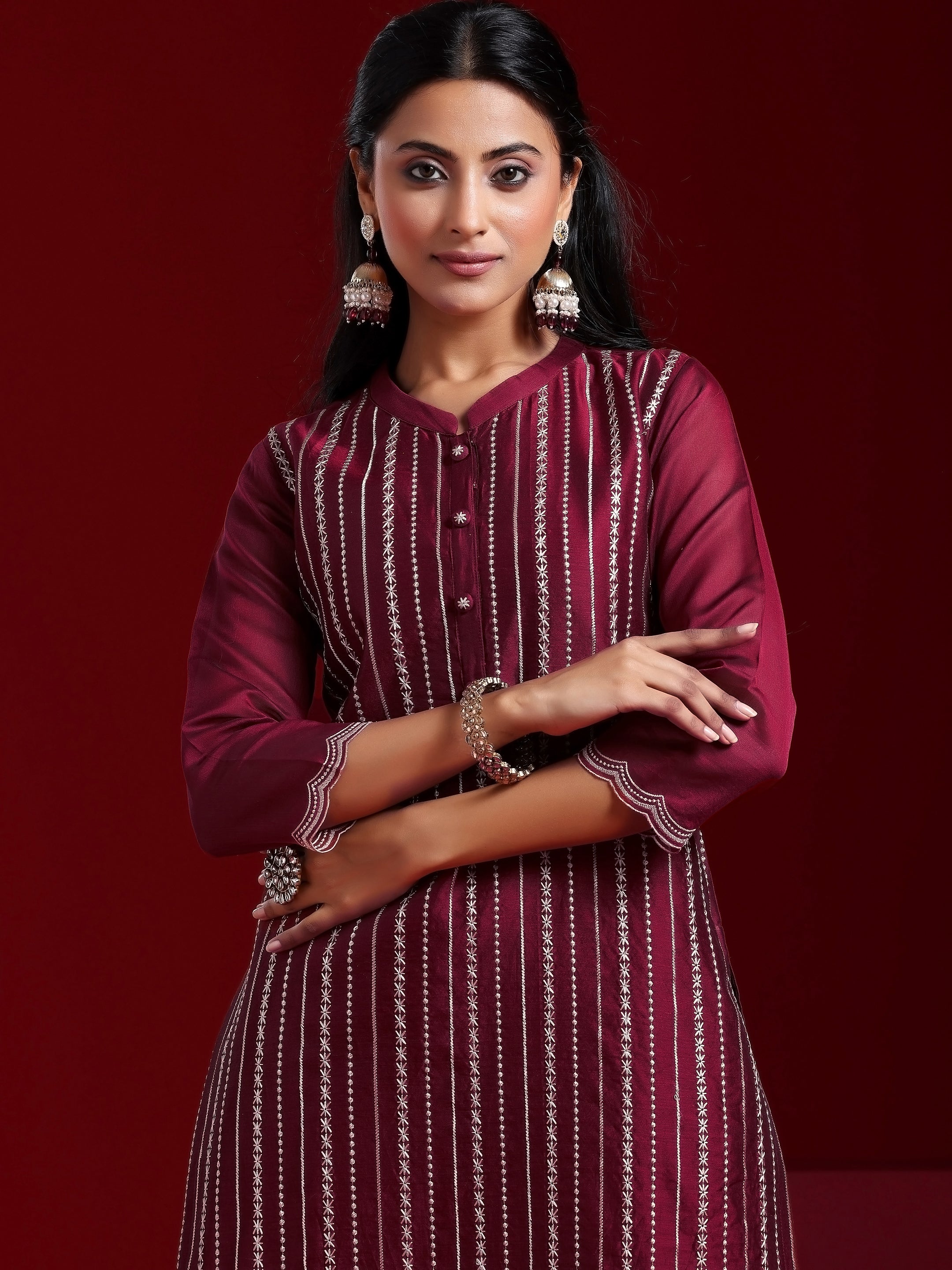 Libas Art Maroon Embroidered Chanderi Silk Straight Suit With Dupatta