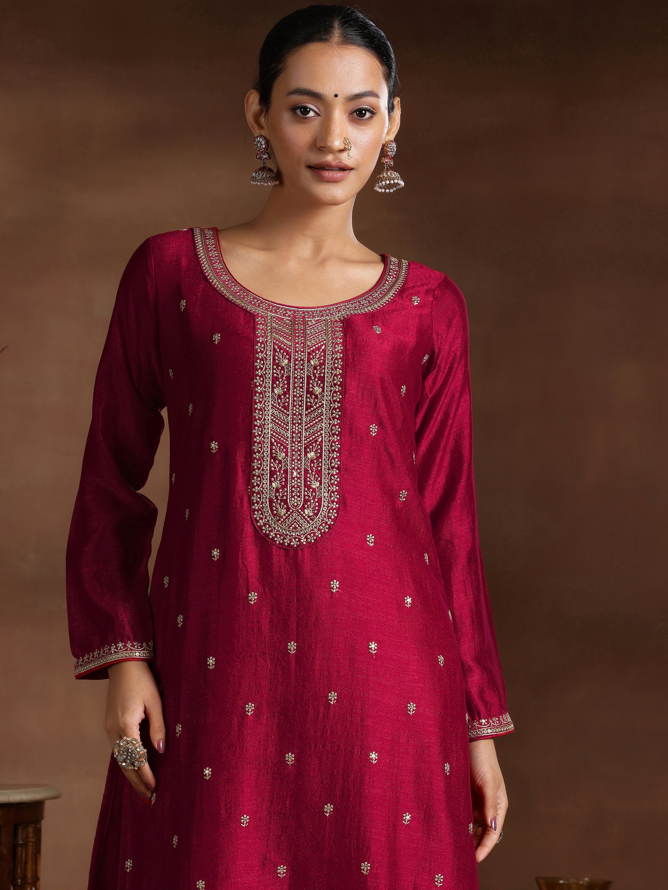 Red Embroidered Silk Blend Straight Suit With Dupatta