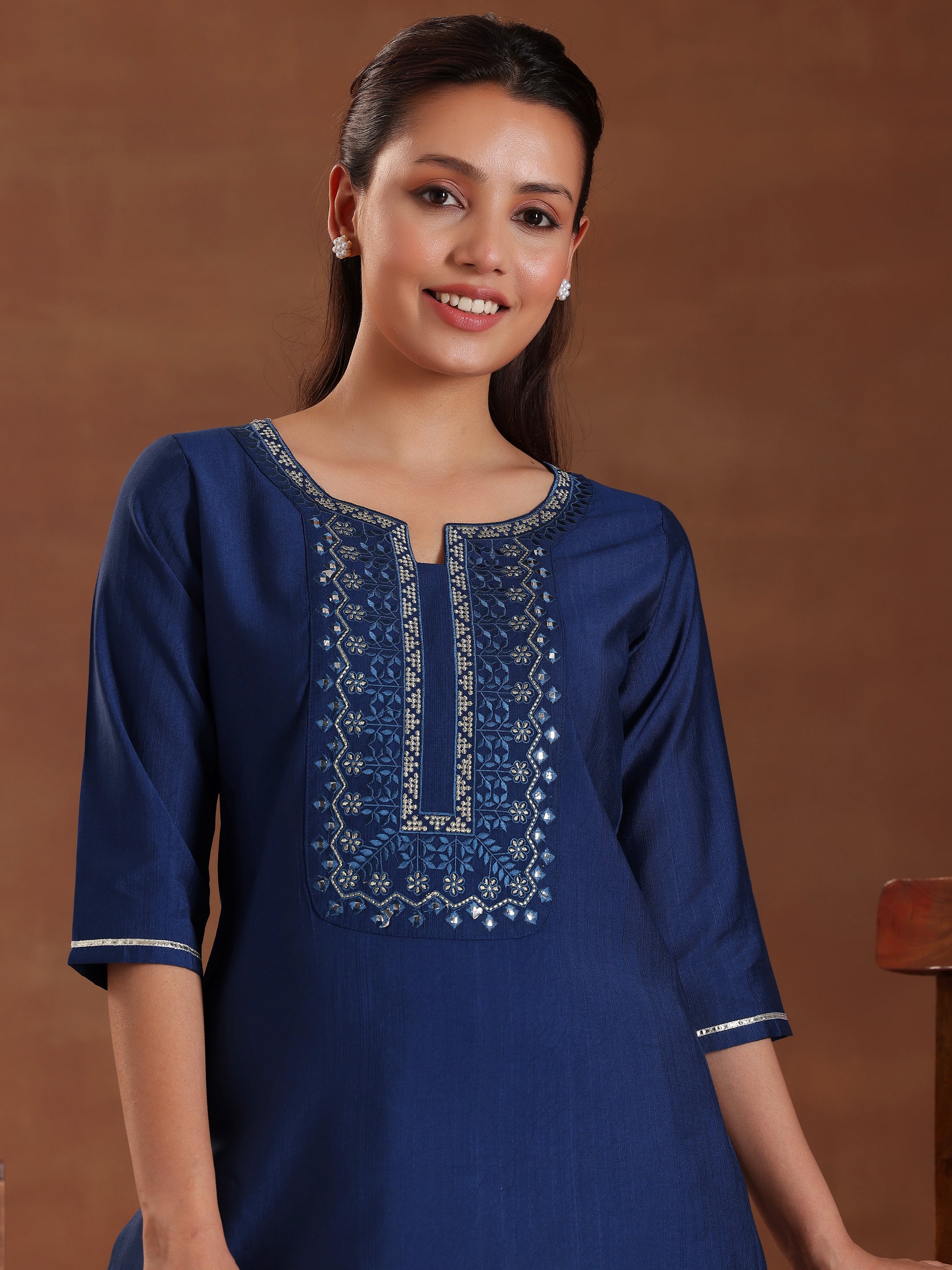 Blue Embroidered Silk Blend Straight Kurti