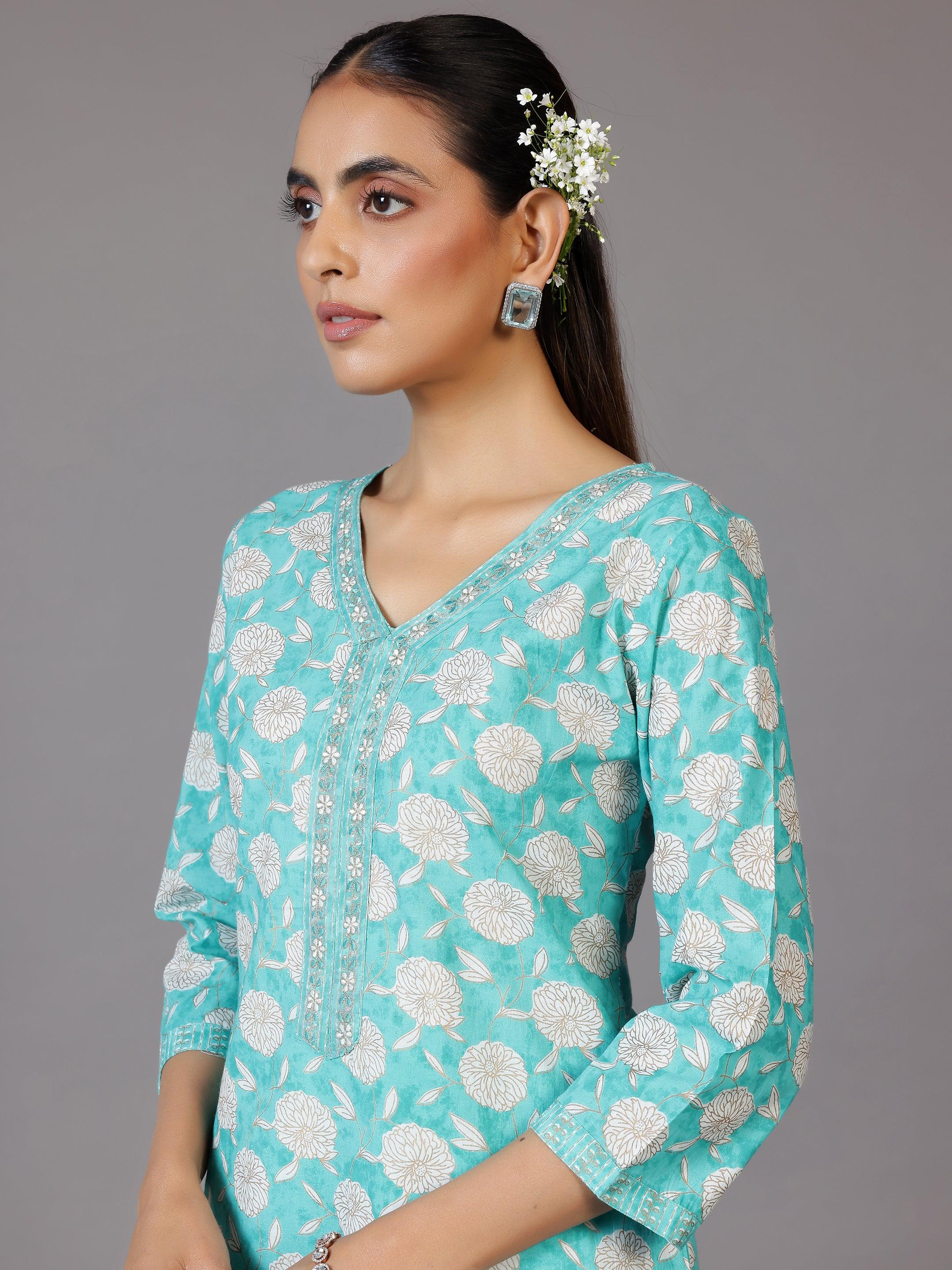 Turquoise Printed Cotton Straight Suit With Dupatta