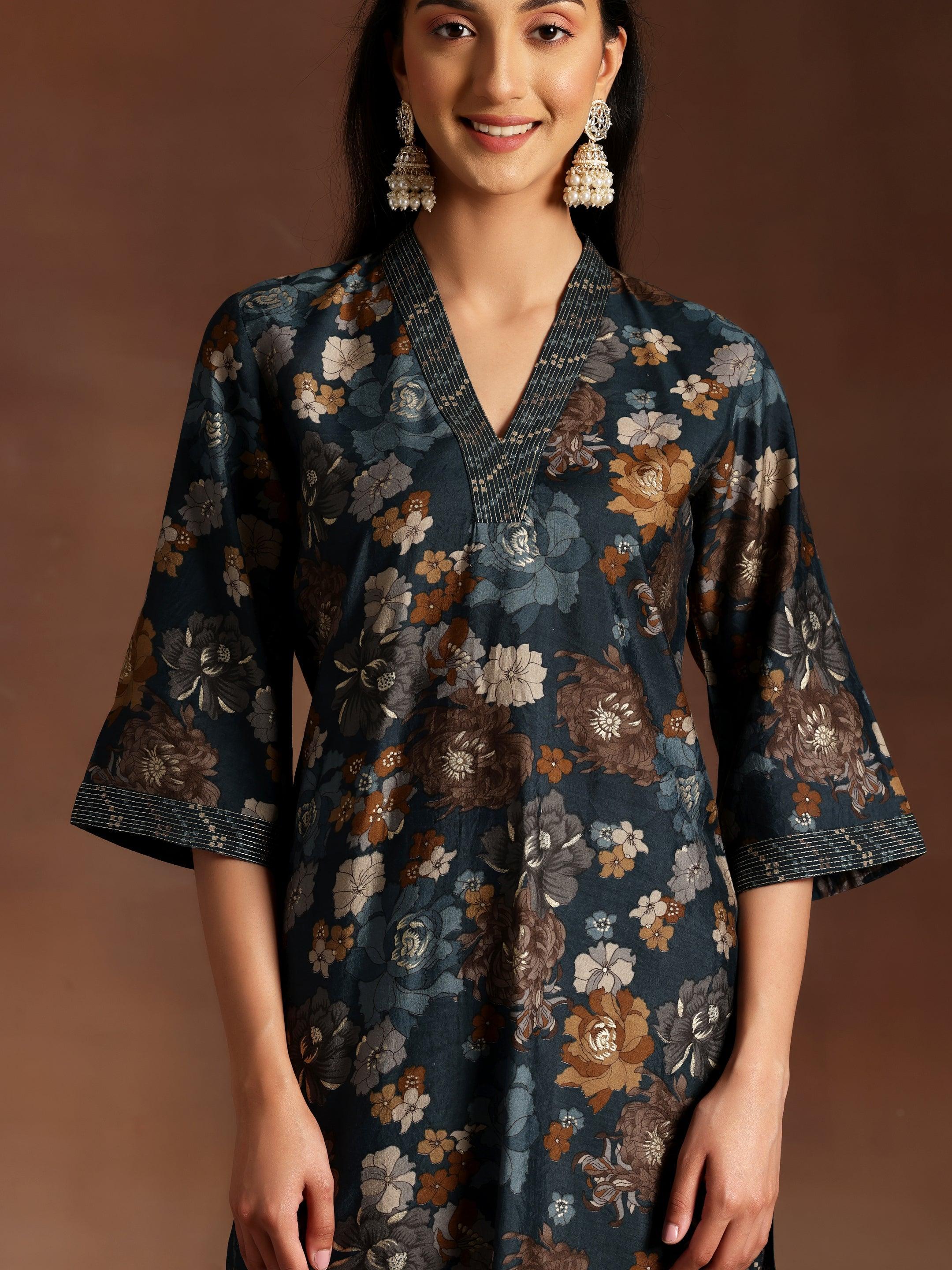 Blue Printed Silk Blend Straight Suit With Dupatta