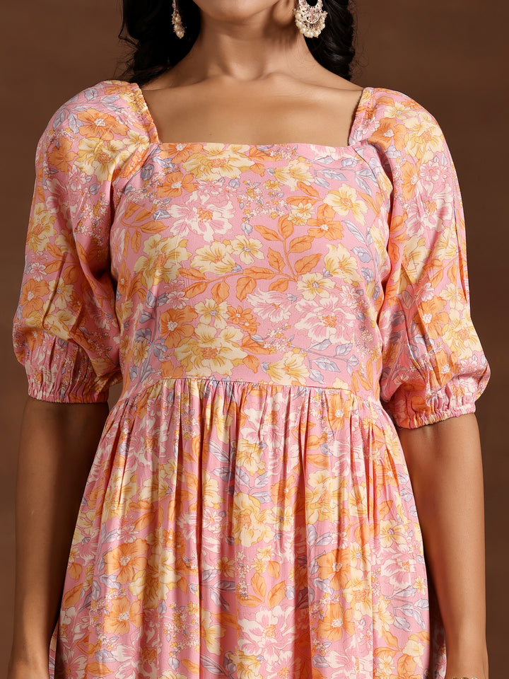 Peach Printed Rayon Fit and Flare Dress