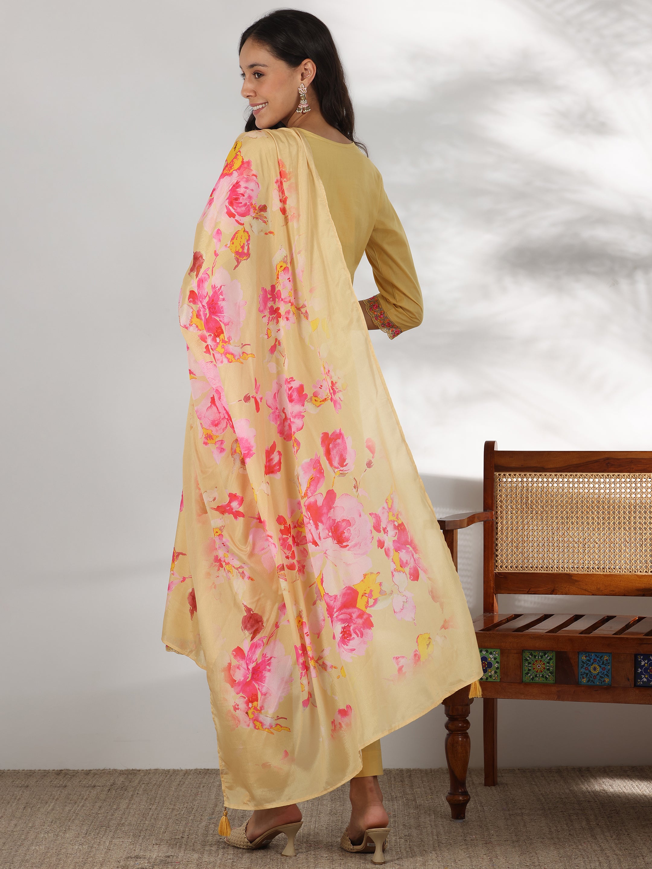 Lime Embroidered Cotton Straight Suit With Dupatta