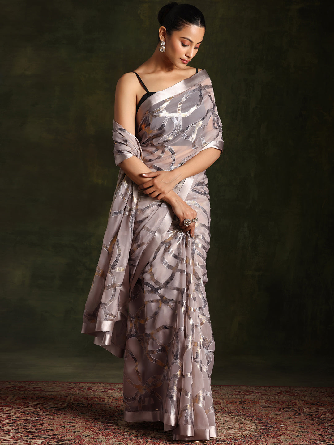 Grey Woven Design Brasso Saree With Unstitched Blouse Piece