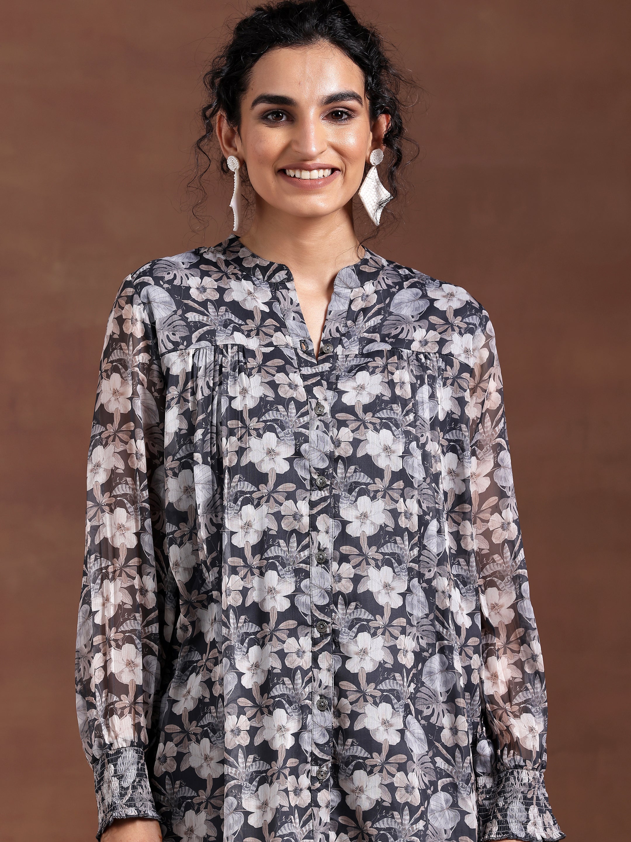 Grey Printed Chiffon A-Line Kurti