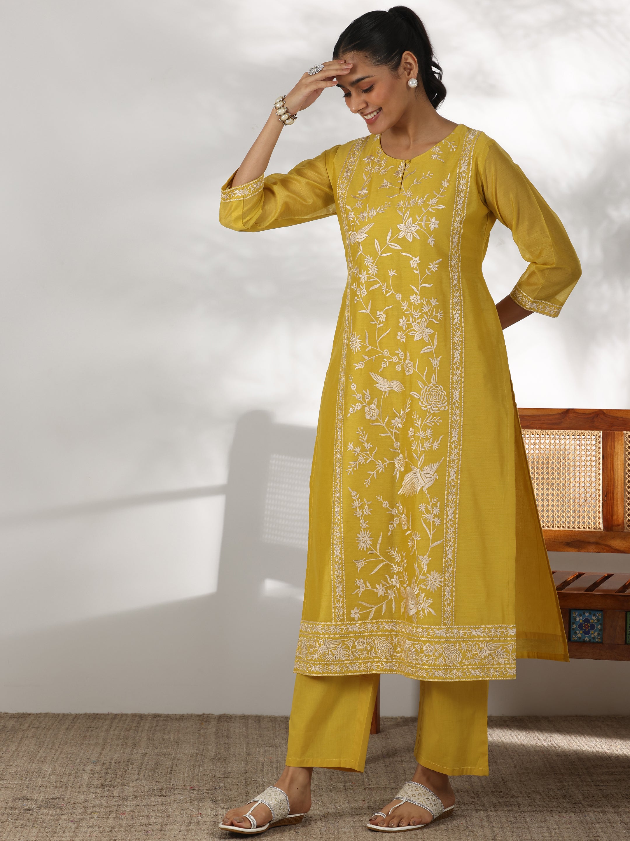 Mustard Embroidered Chanderi Silk Straight Suit With Dupatta