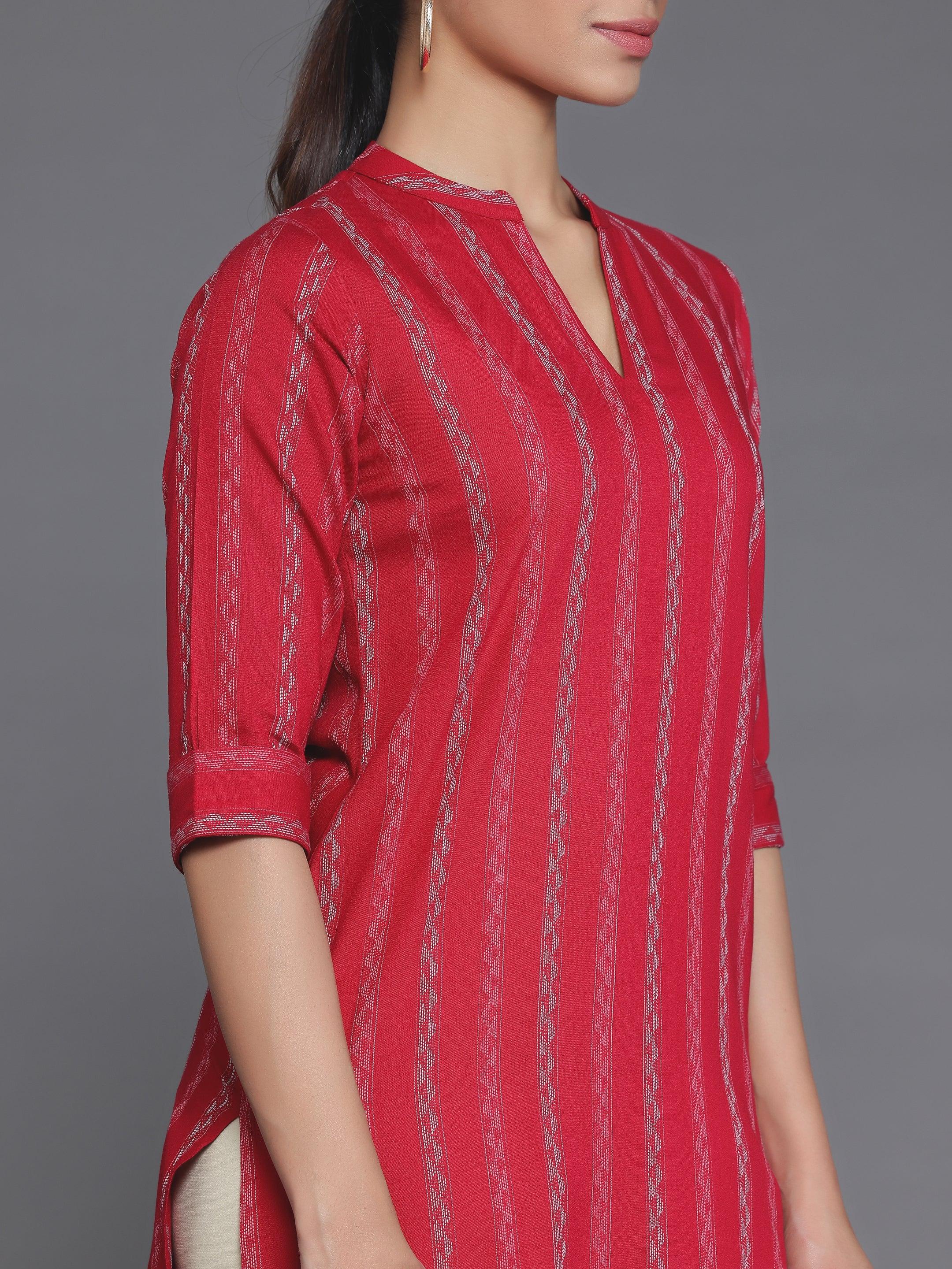 Red Striped Rayon Straight Kurta