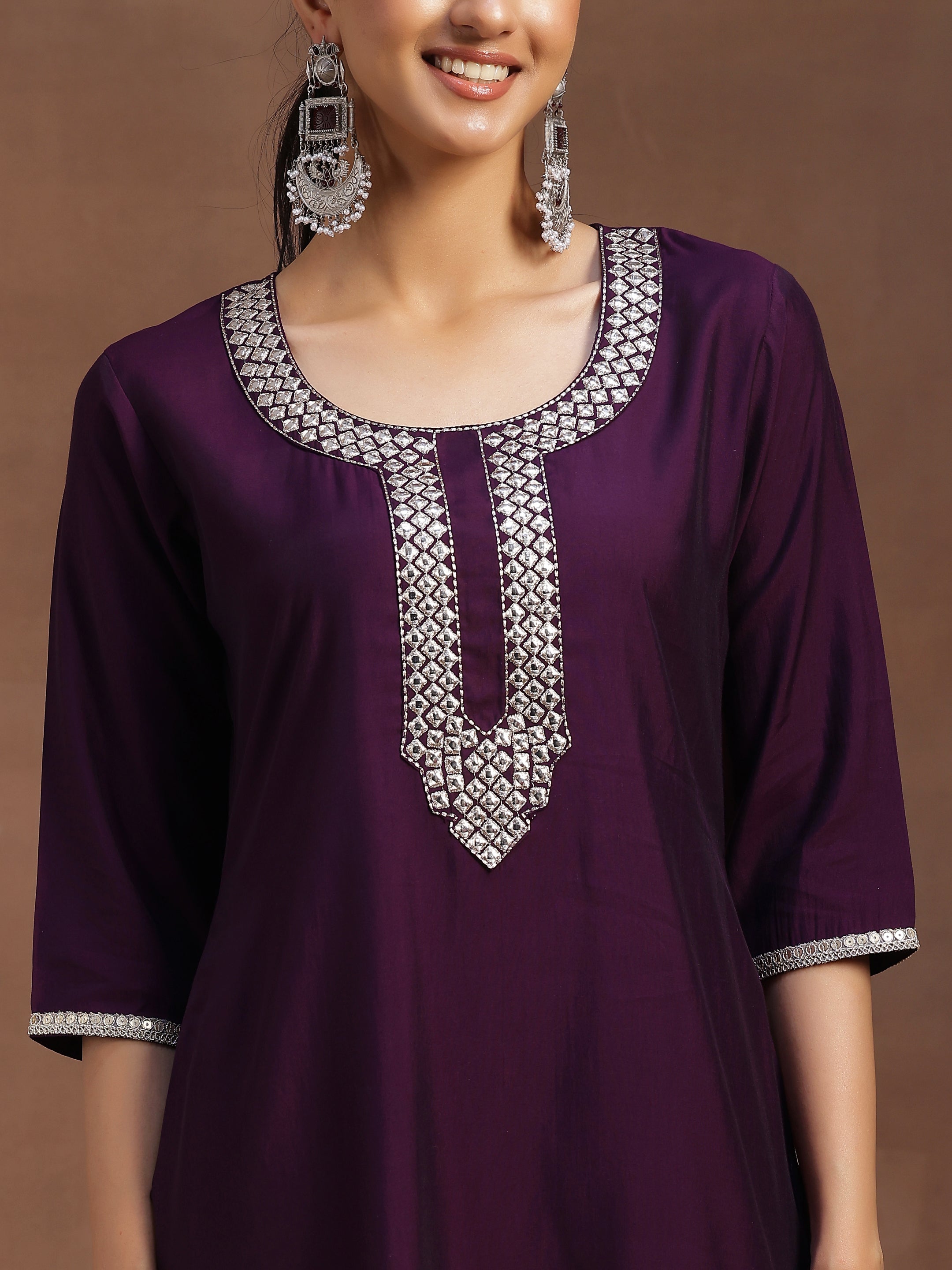 Purple Embroidered Silk Blend Straight Suit With Dupatta