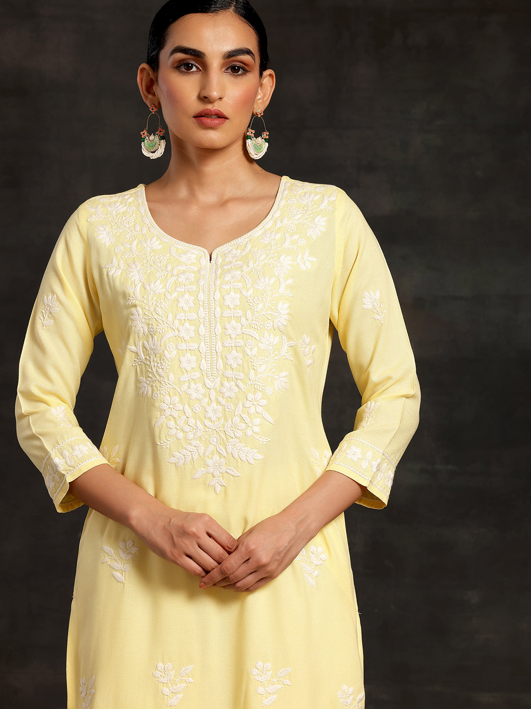 Yellow Embroidered Rayon Straight Kurta