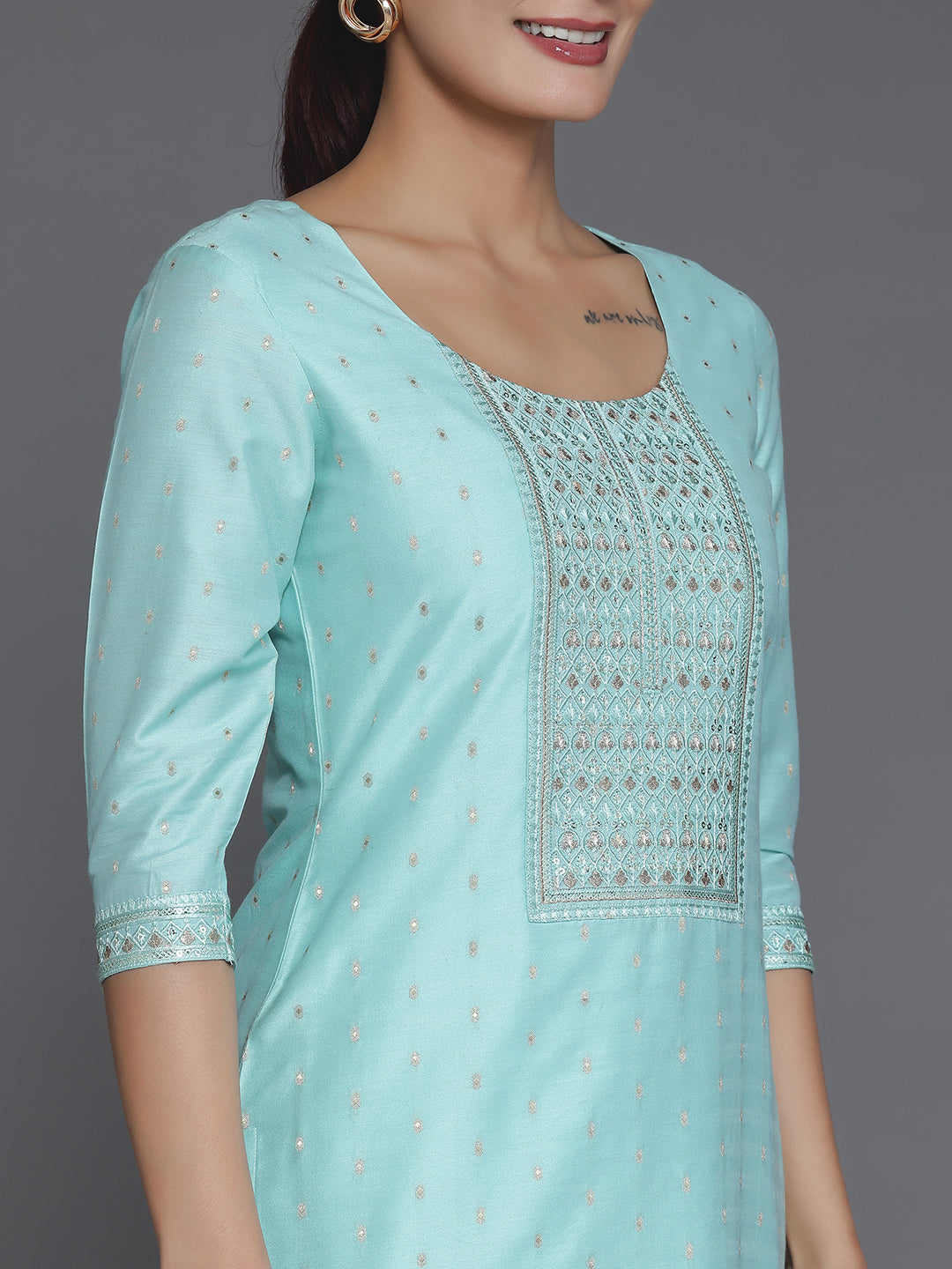 Turquoise Yoke Design Silk Blend Straight Suit With Dupatta