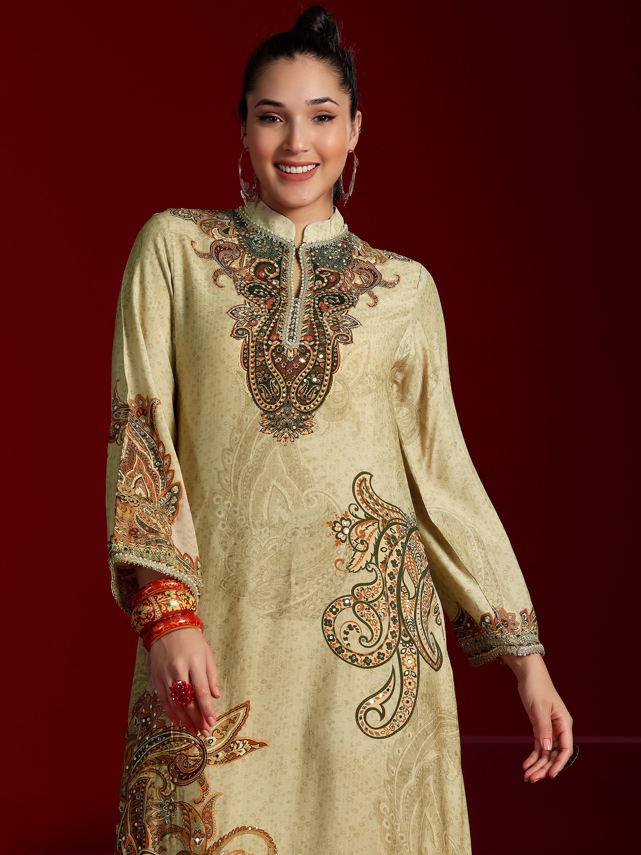 Libas Art Beige Printed Silk Blend Co-Ords