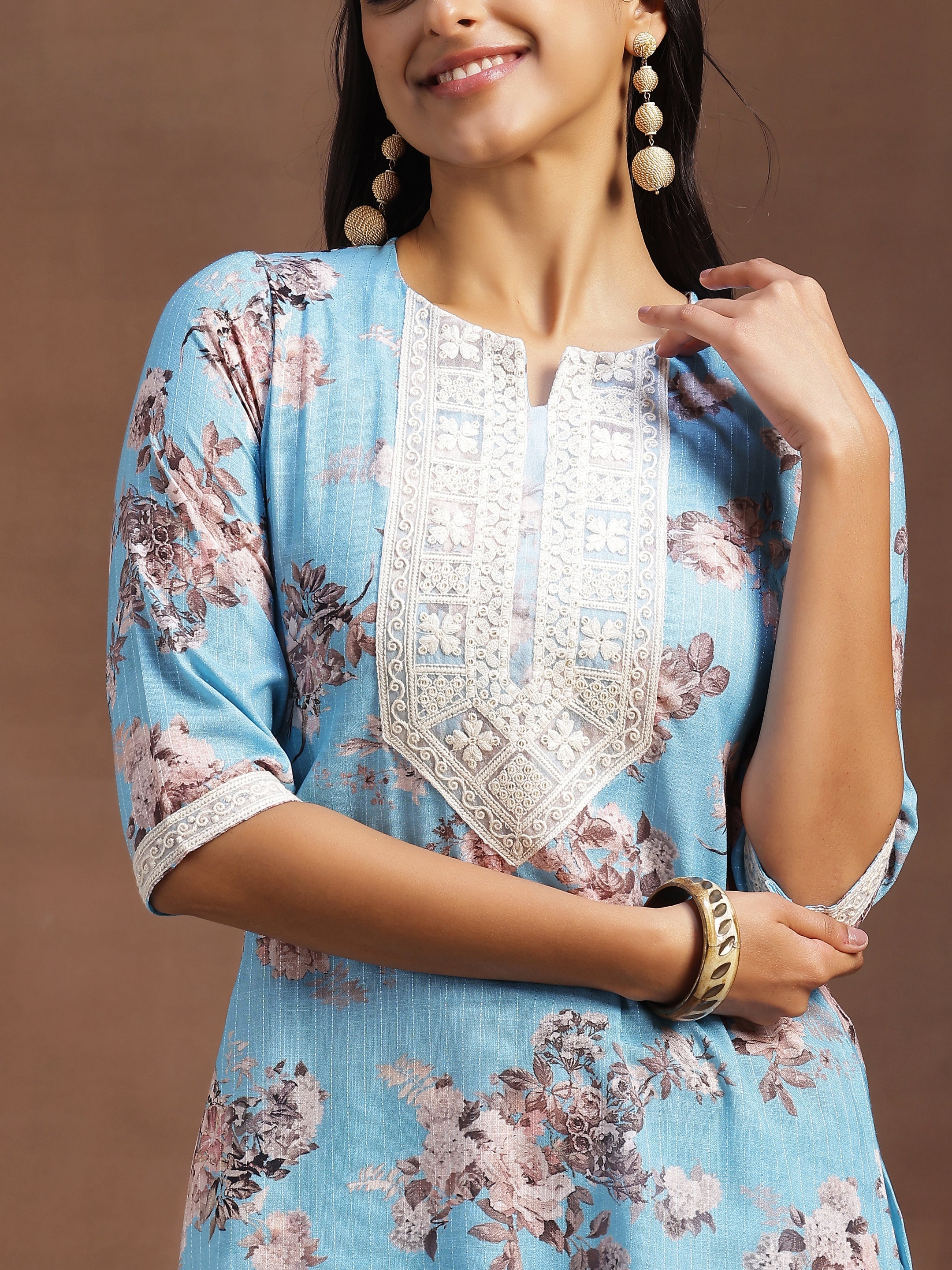 Blue Printed Cotton Straight Suit With Dupatta