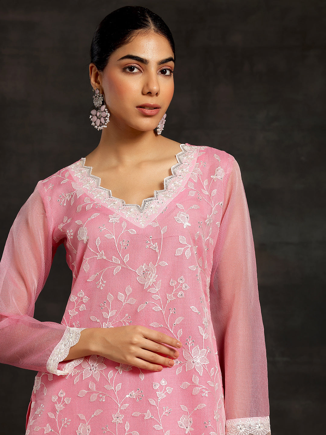 Pink Embroidered Cotton Straight Suit With Dupatta