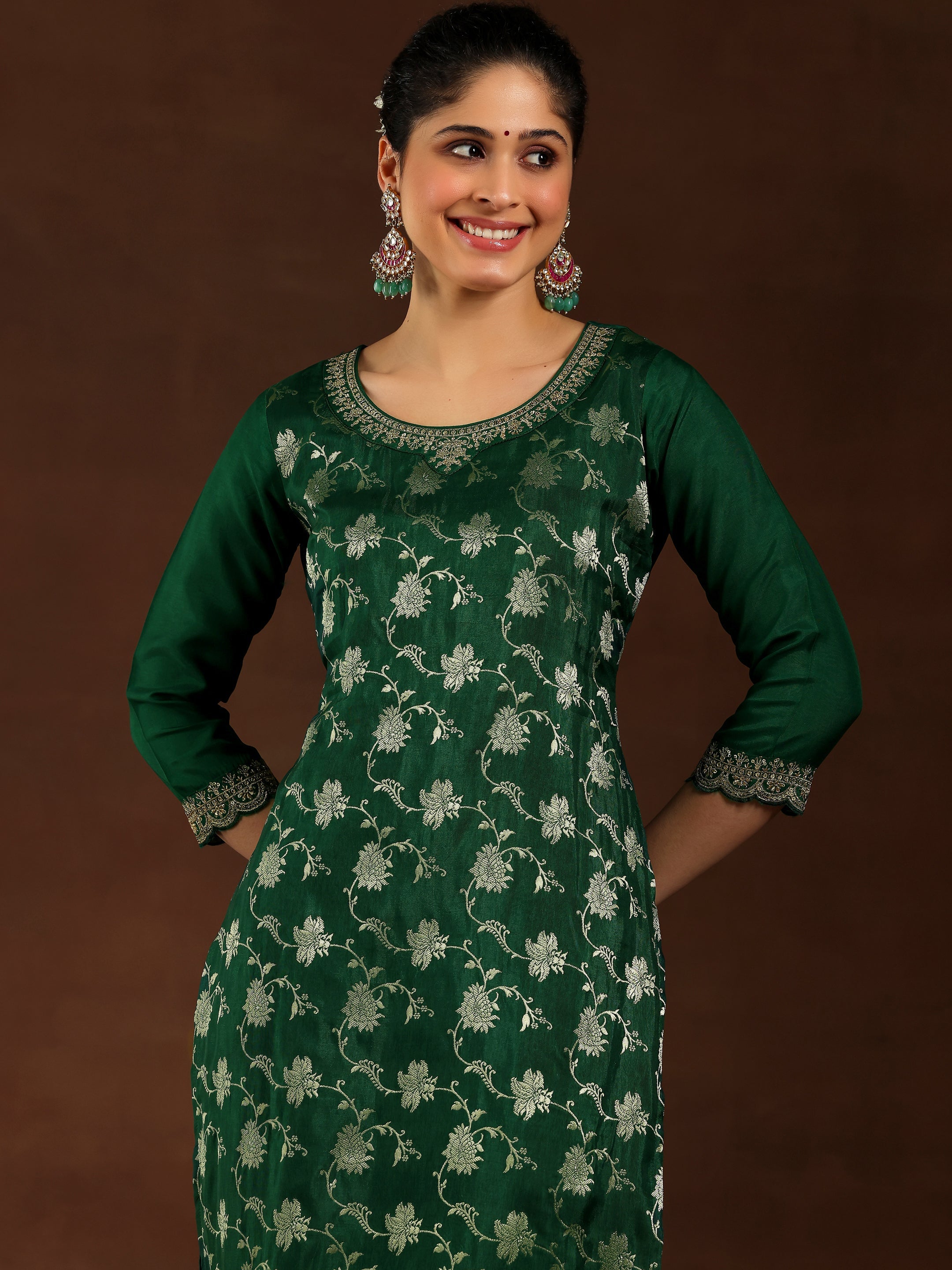 Green Woven Design Silk Blend Straight Suit With Dupatta