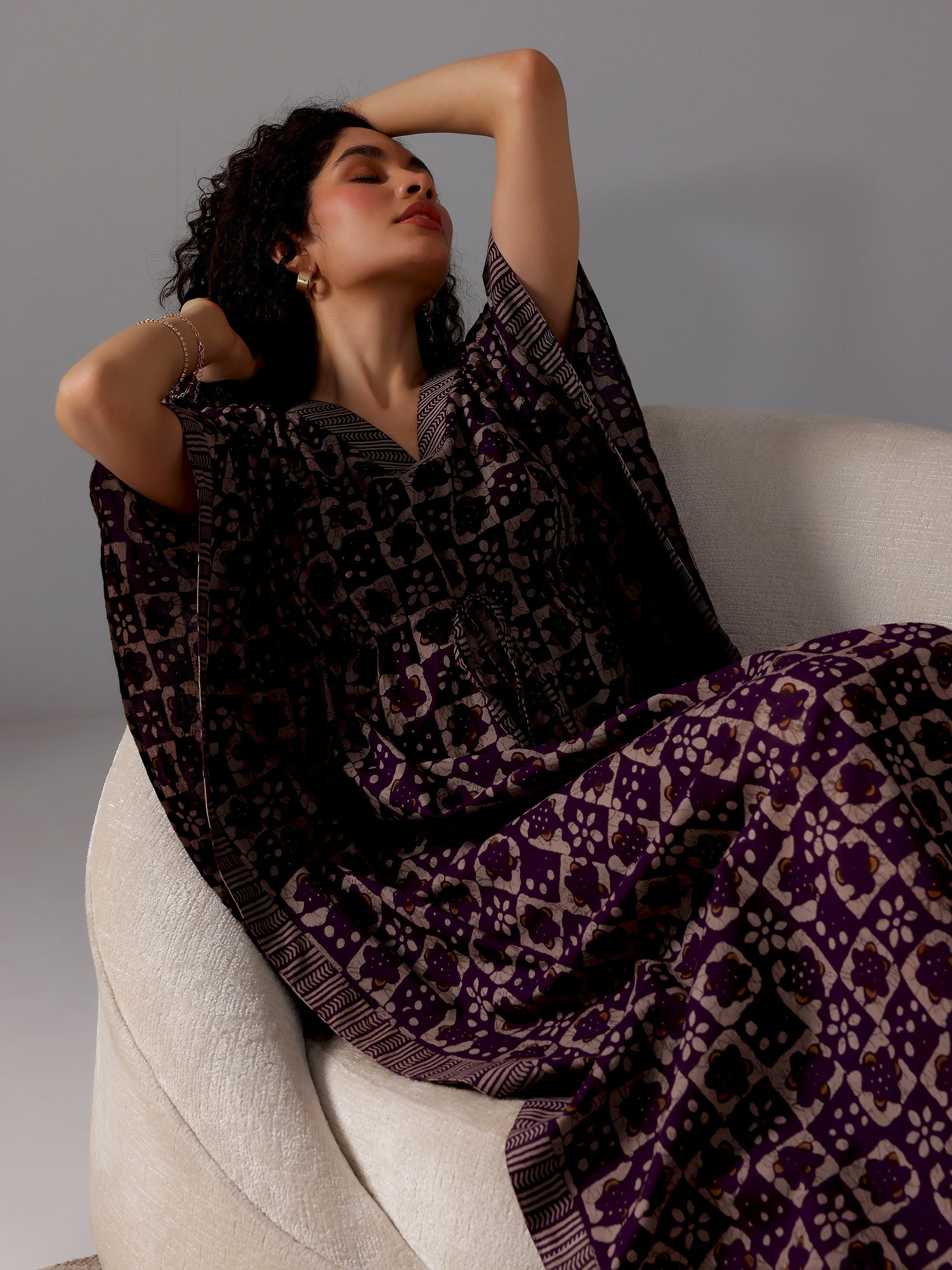 Purple Printed Cotton Kaftan Night Dress