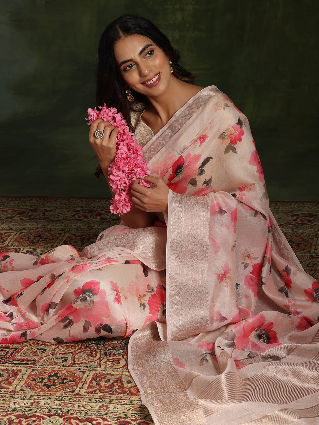 Pink Printed Silk Blend Saree With Unstitched Blouse Piece