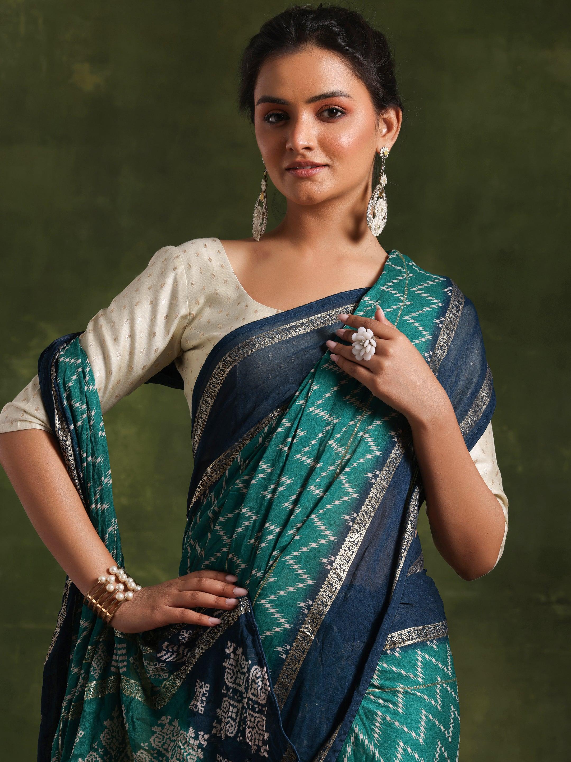 Green Printed Poly Georgette Saree With Unstitched Blouse Piece