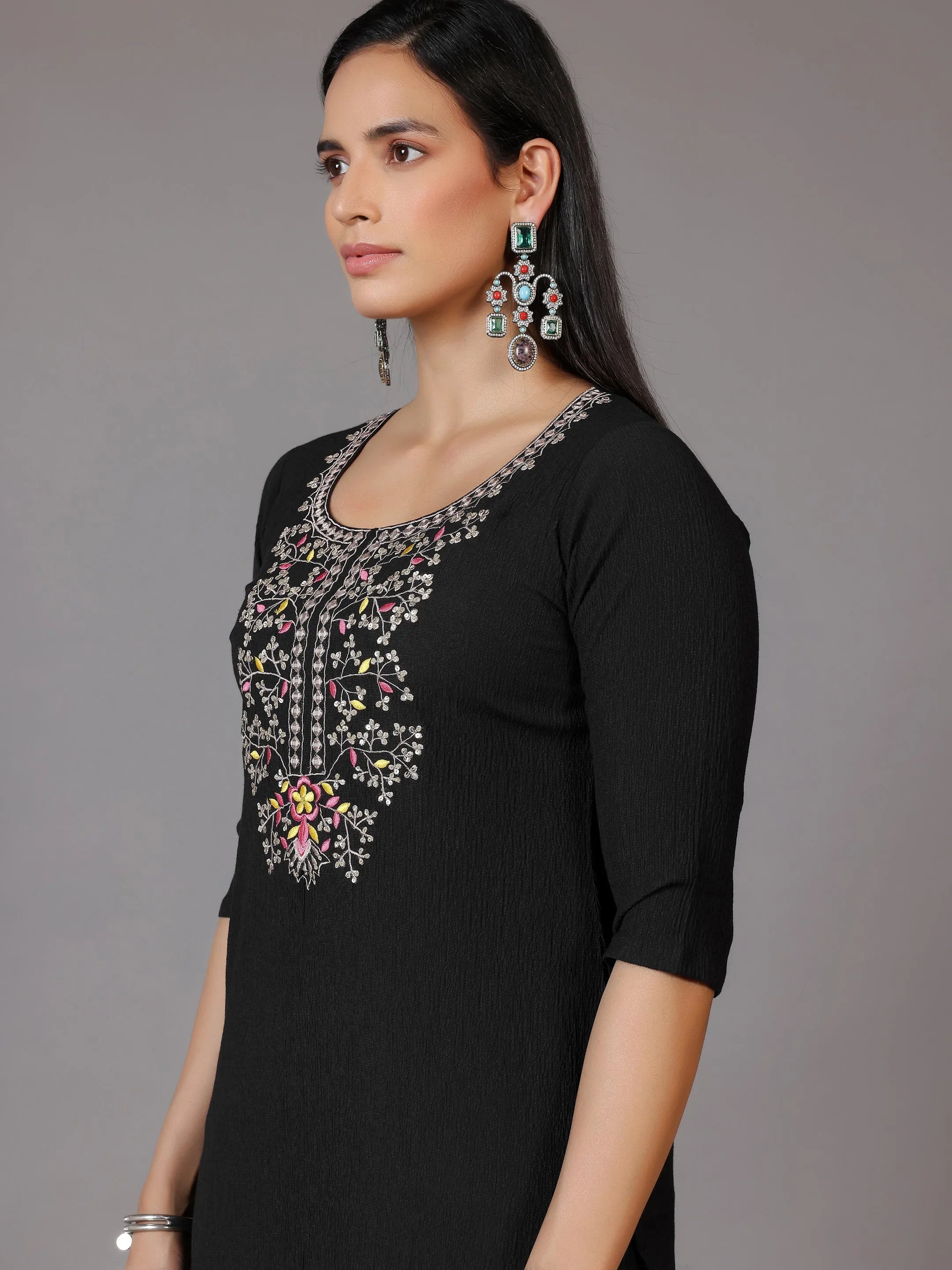 Black Yoke Design Polyester Straight Kurta