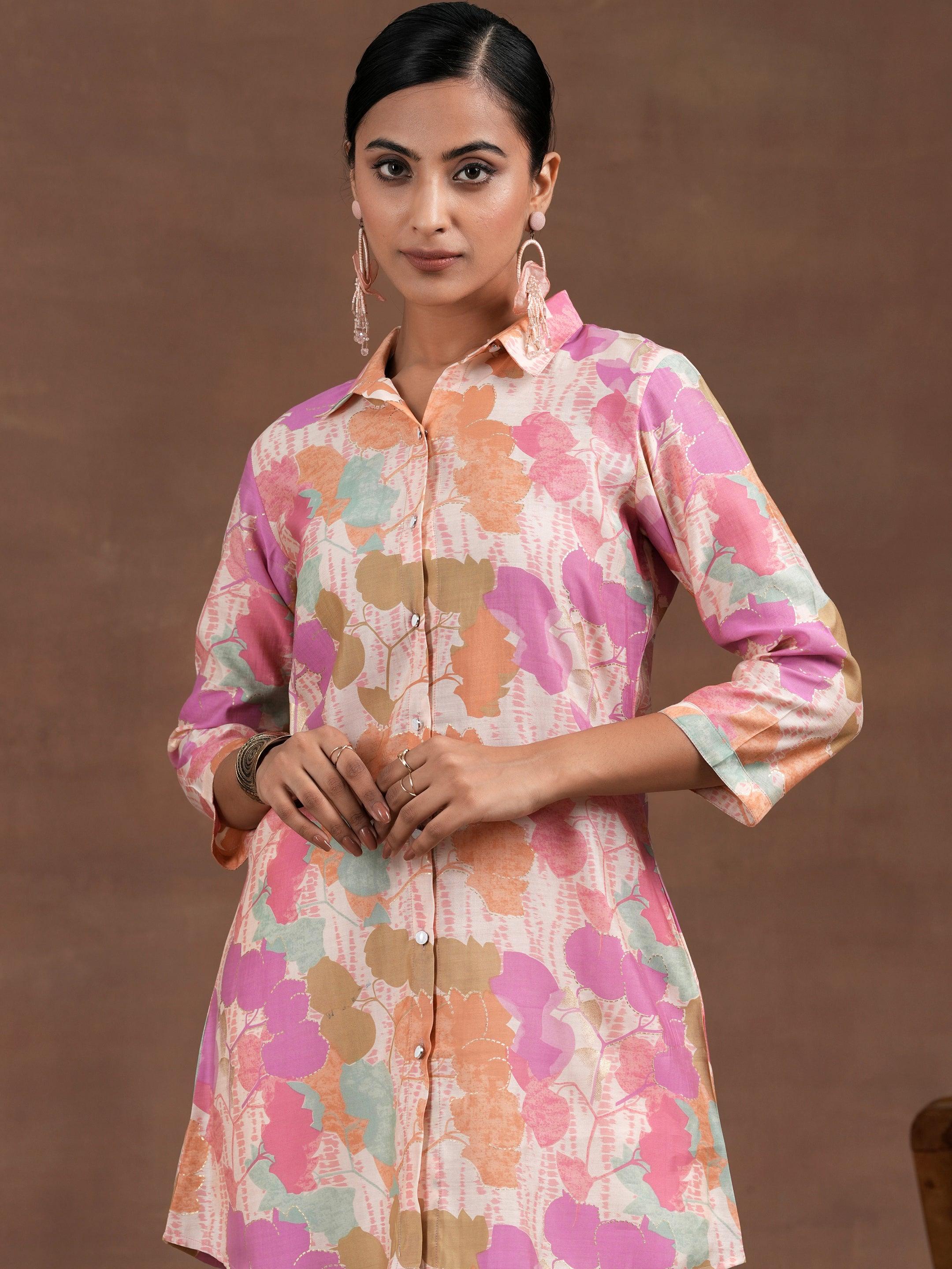 Pink Printed Silk Blend Straight Kurti