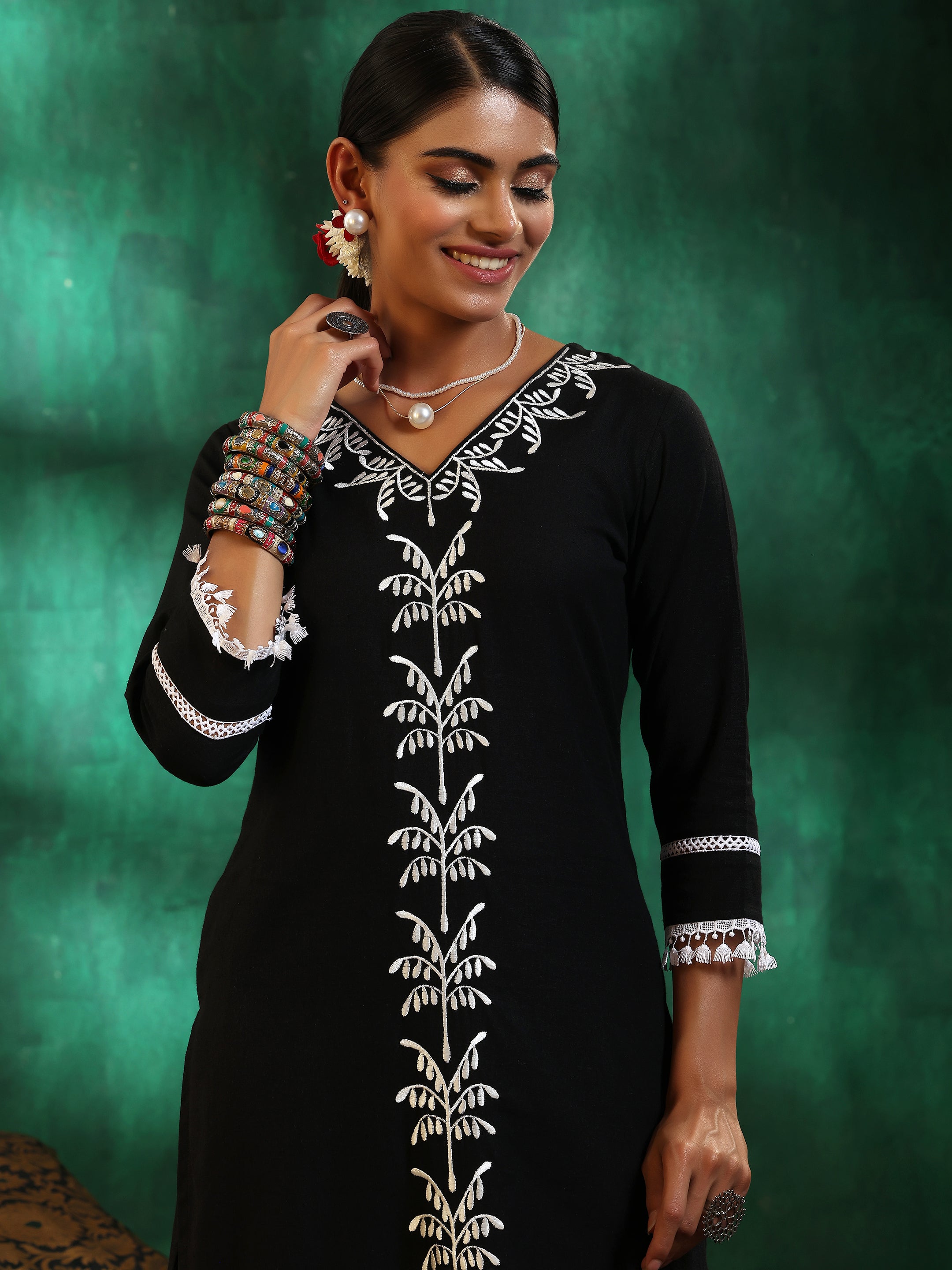 Black Embroidered Cotton Straight Suit With Dupatta