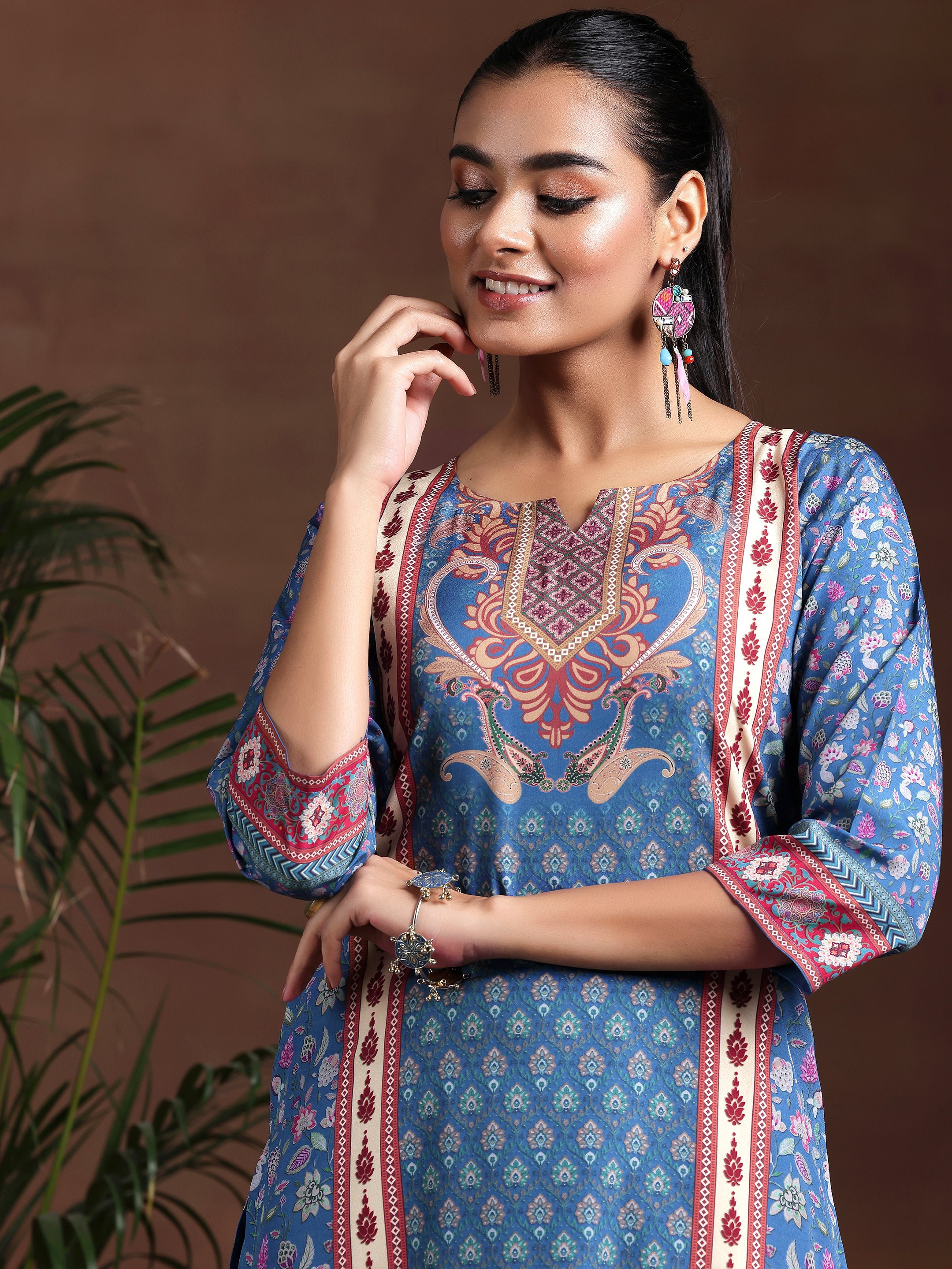 Blue Printed Poly Crepe Straight Suit With Dupatta