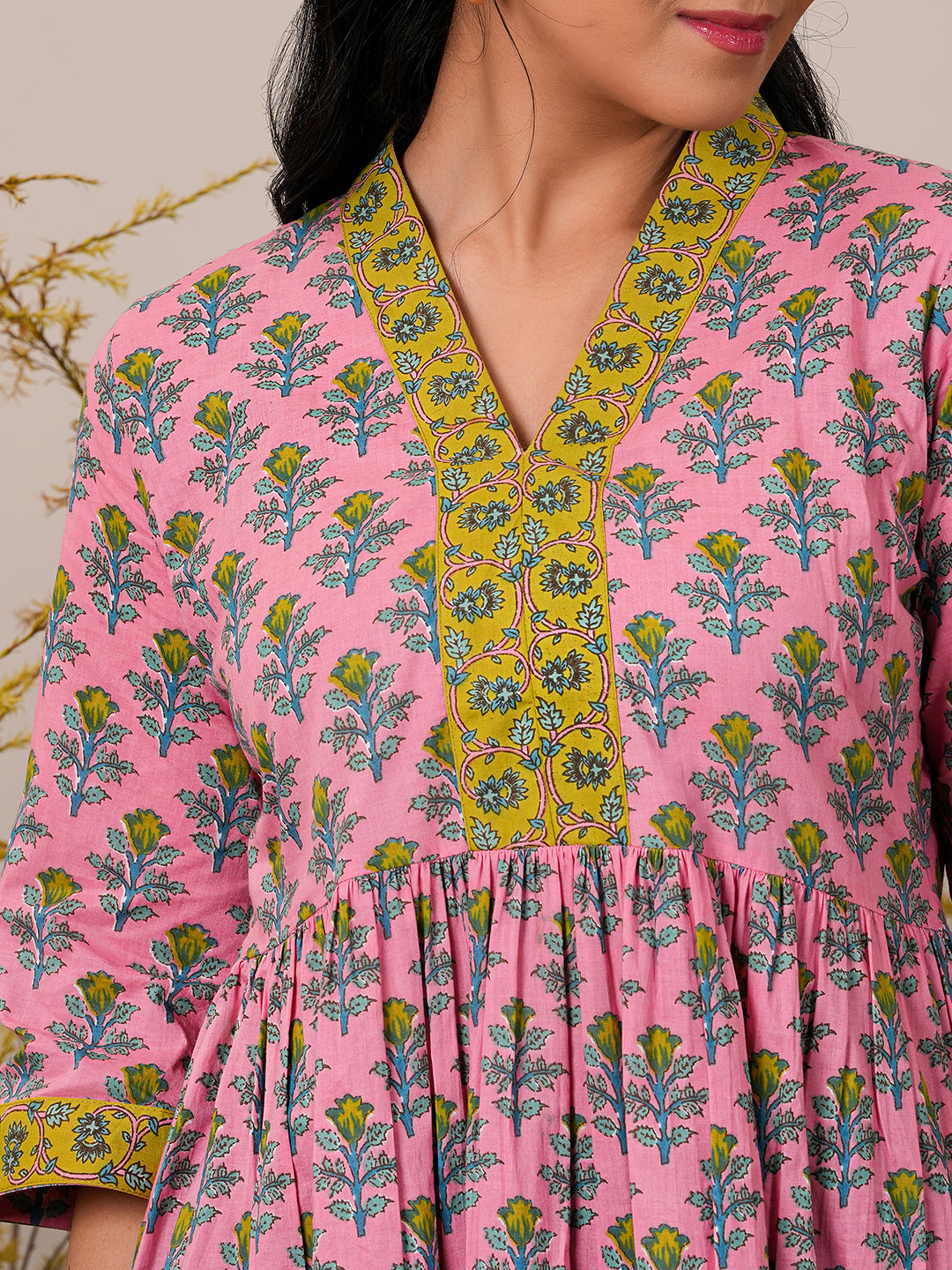 Pink Printed Cotton A-Line Kurti