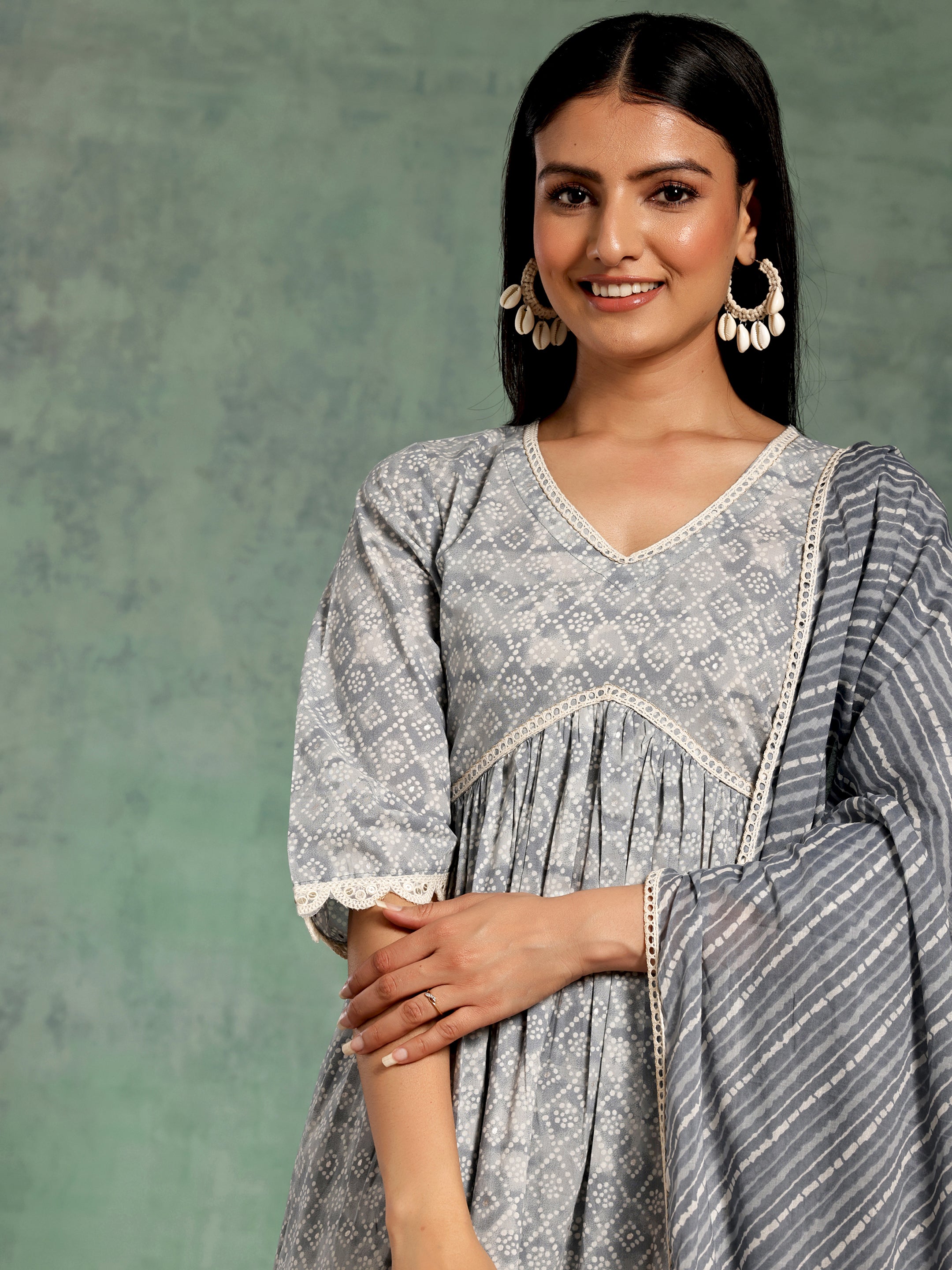 Grey Printed Cotton A-Line Kurta With Palazzos & Dupatta