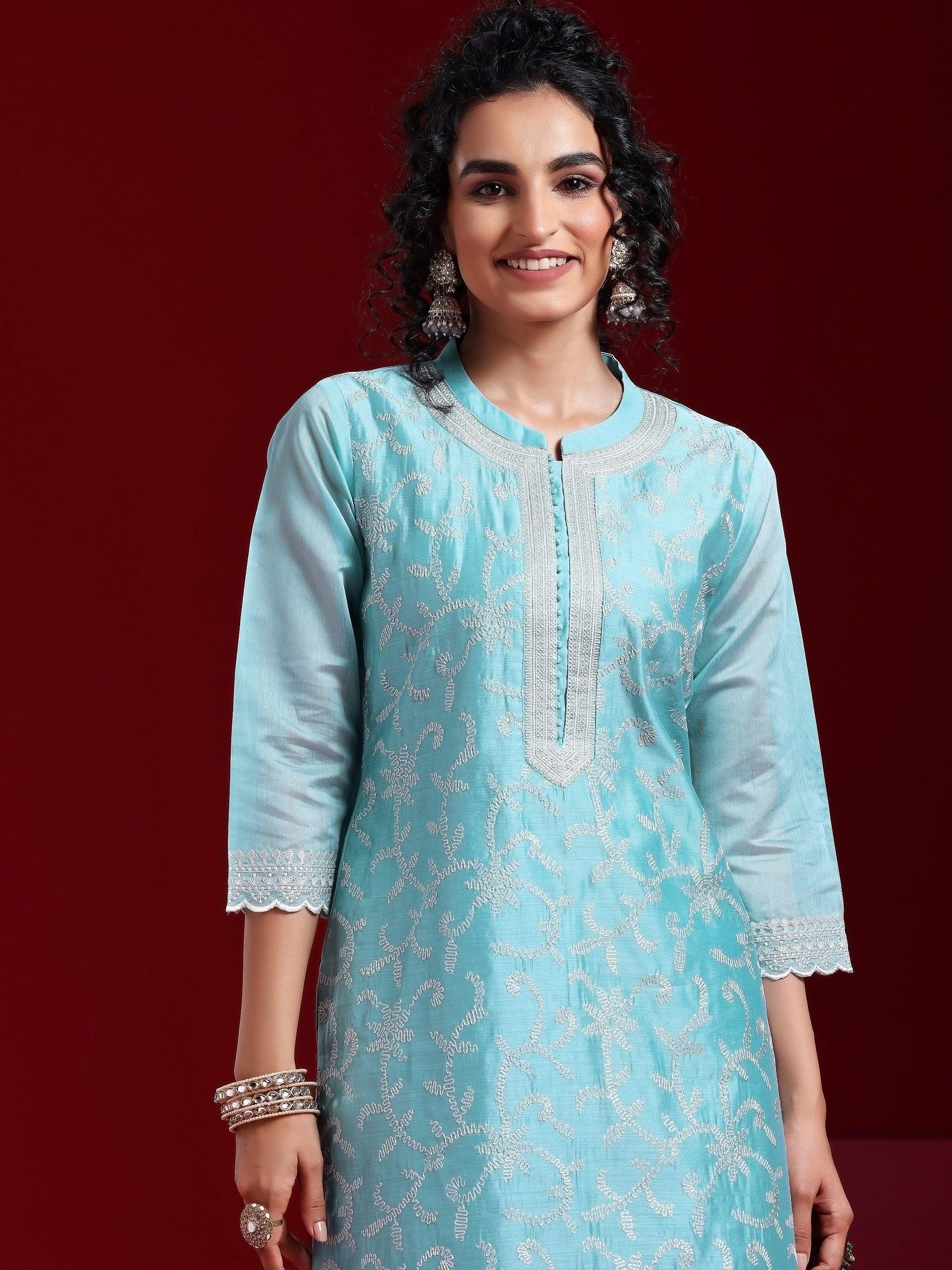 Libas Art Blue Embroidered Chanderi Silk Straight Suit With Dupatta