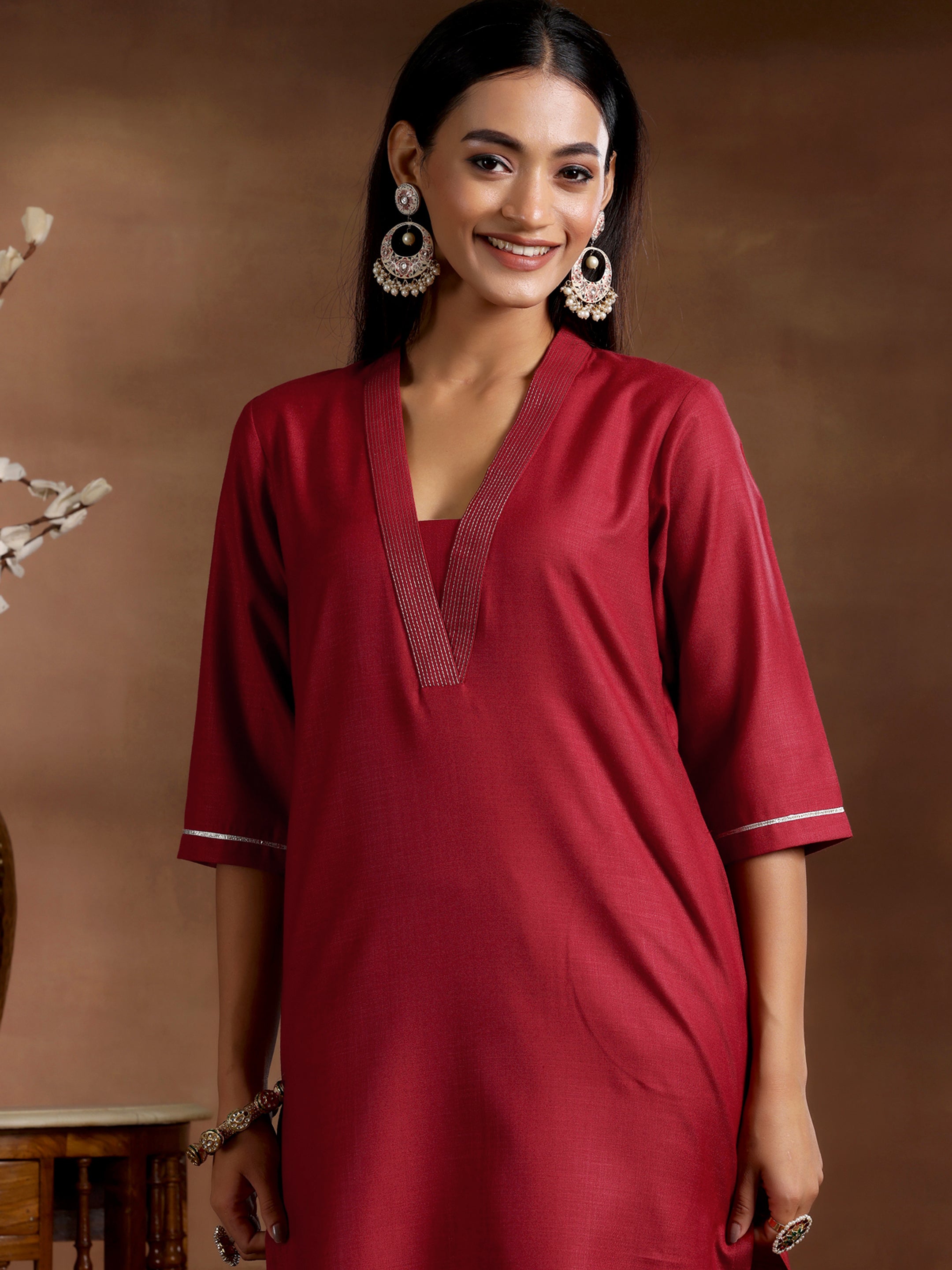 Maroon Solid Silk Blend Straight Suit With Dupatta