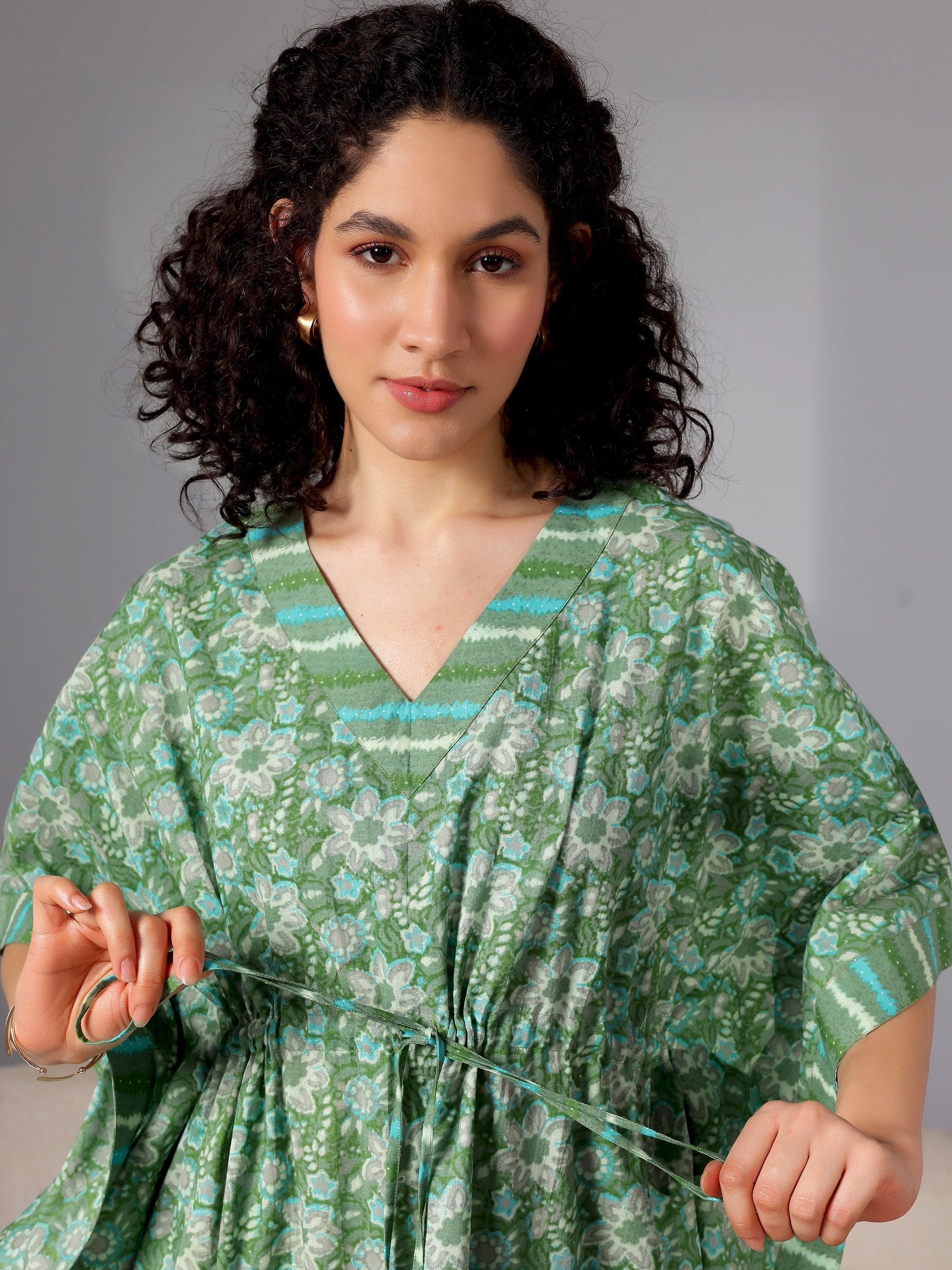 Green Printed Cotton Kaftan Night Dress