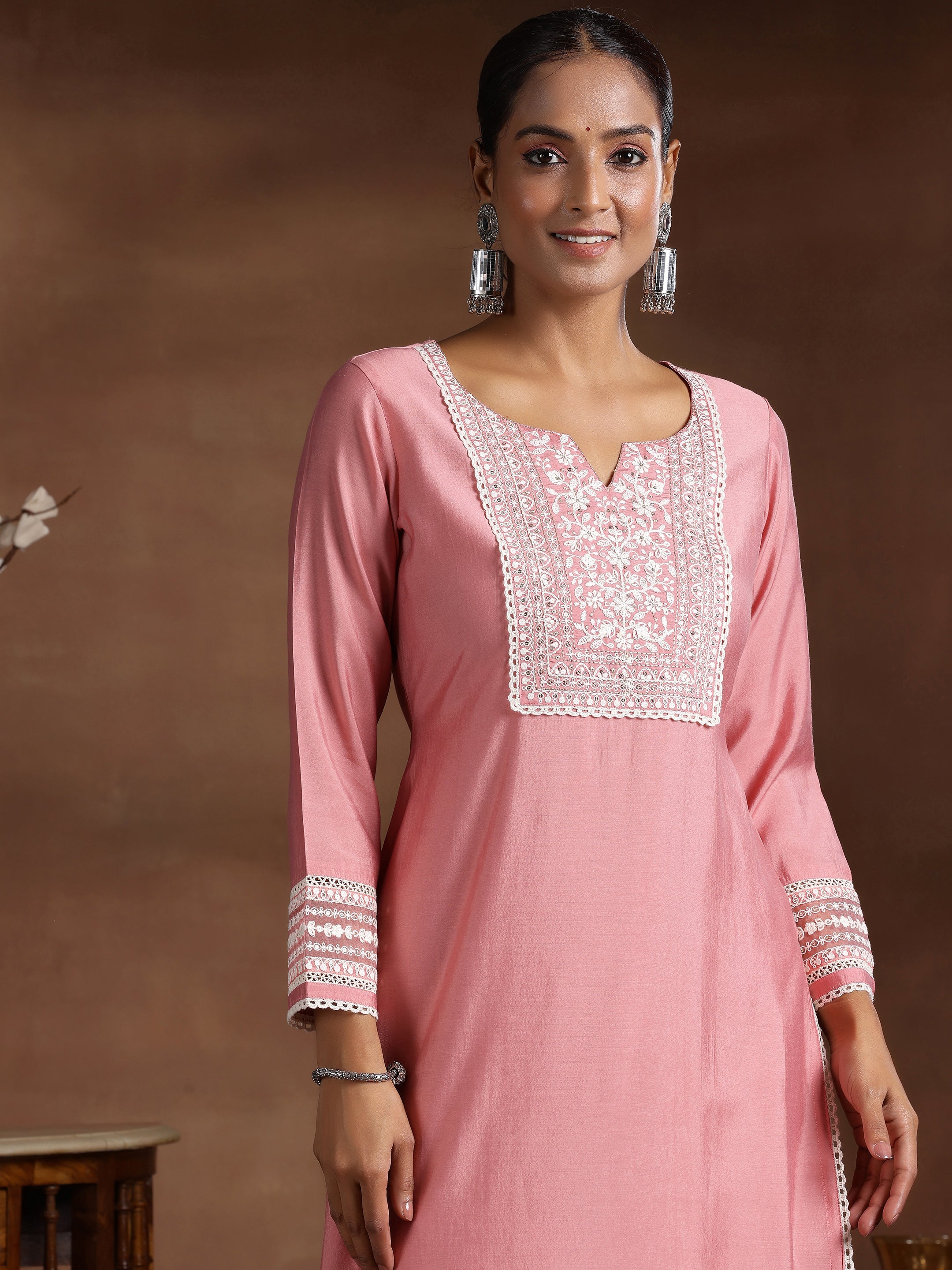 Pink Yoke Design Silk Blend Straight Suit With Dupatta