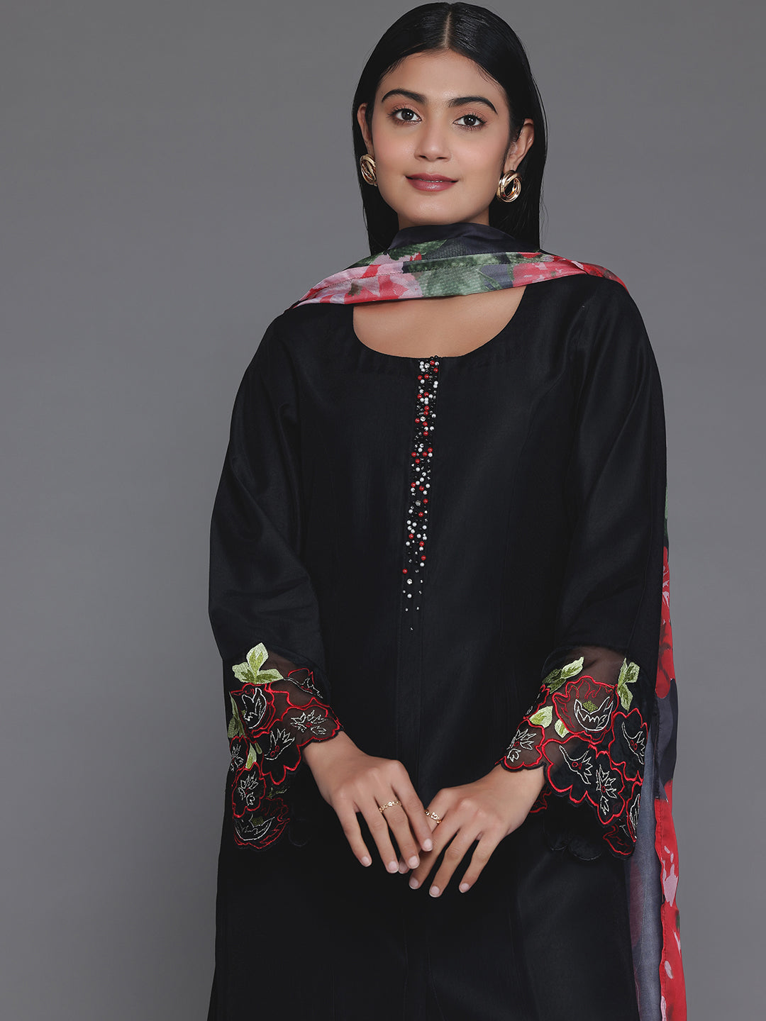 Black Solid Silk Blend Straight Suit With Dupatta