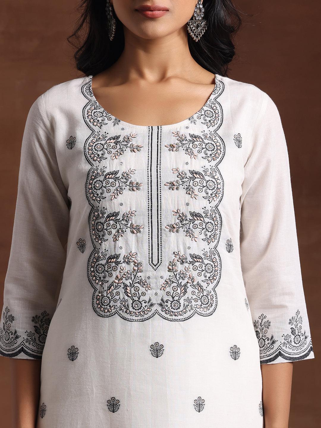 White Woven Design Cotton Straight Suit With Dupatta