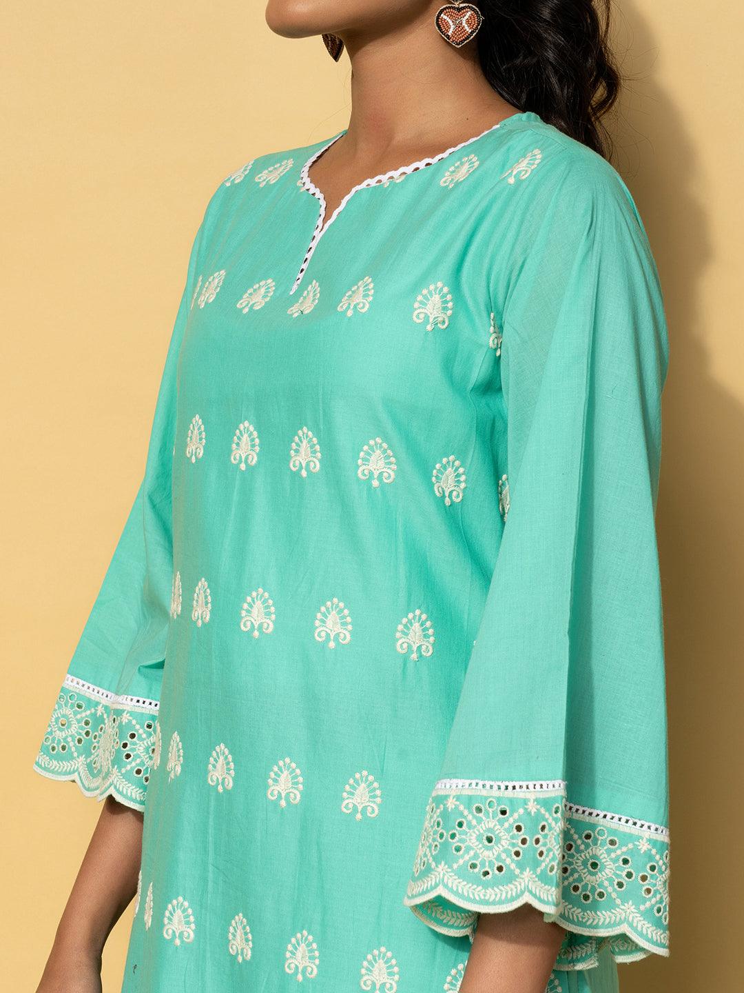 Green Embroidered Cotton Co-Ords