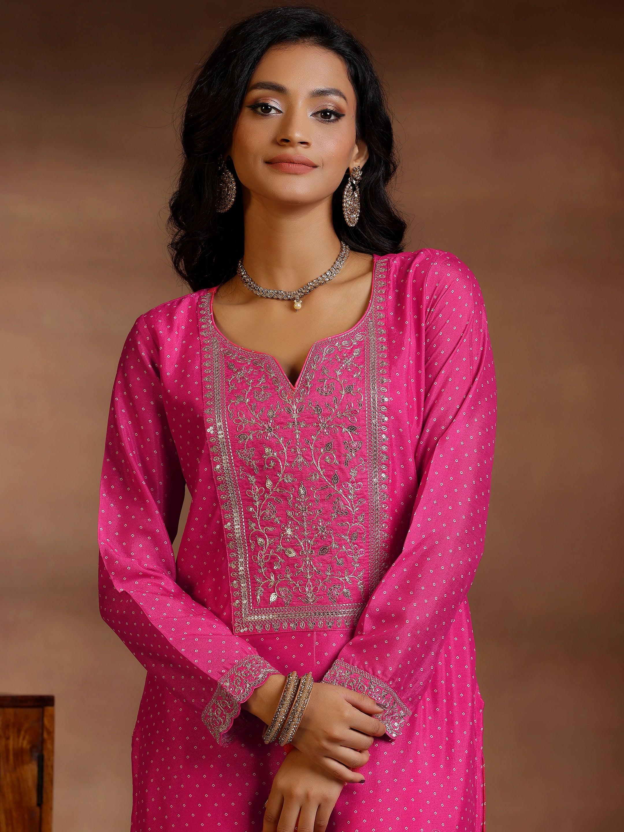 Pink Printed Silk Blend Straight Suit With Dupatta