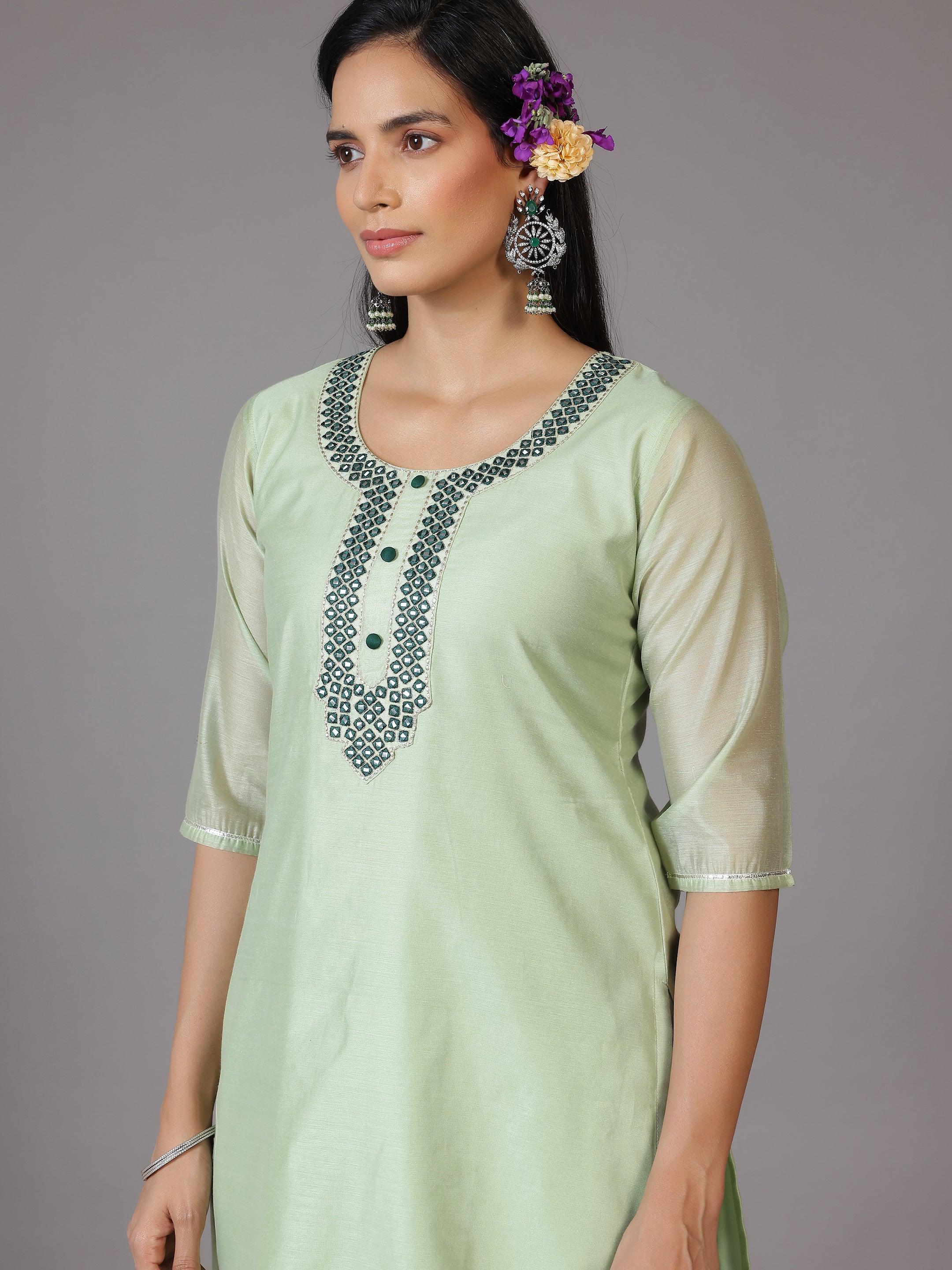 Green Yoke Design Chanderi Silk Straight Kurta With Trousers & Dupatta