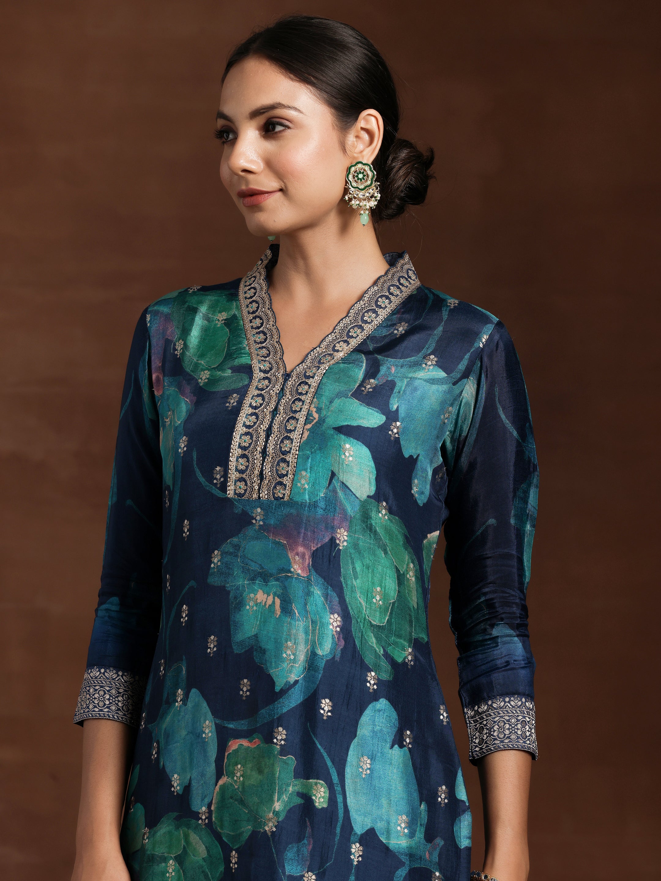 Blue Printed Silk Blend Straight Suit With Dupatta