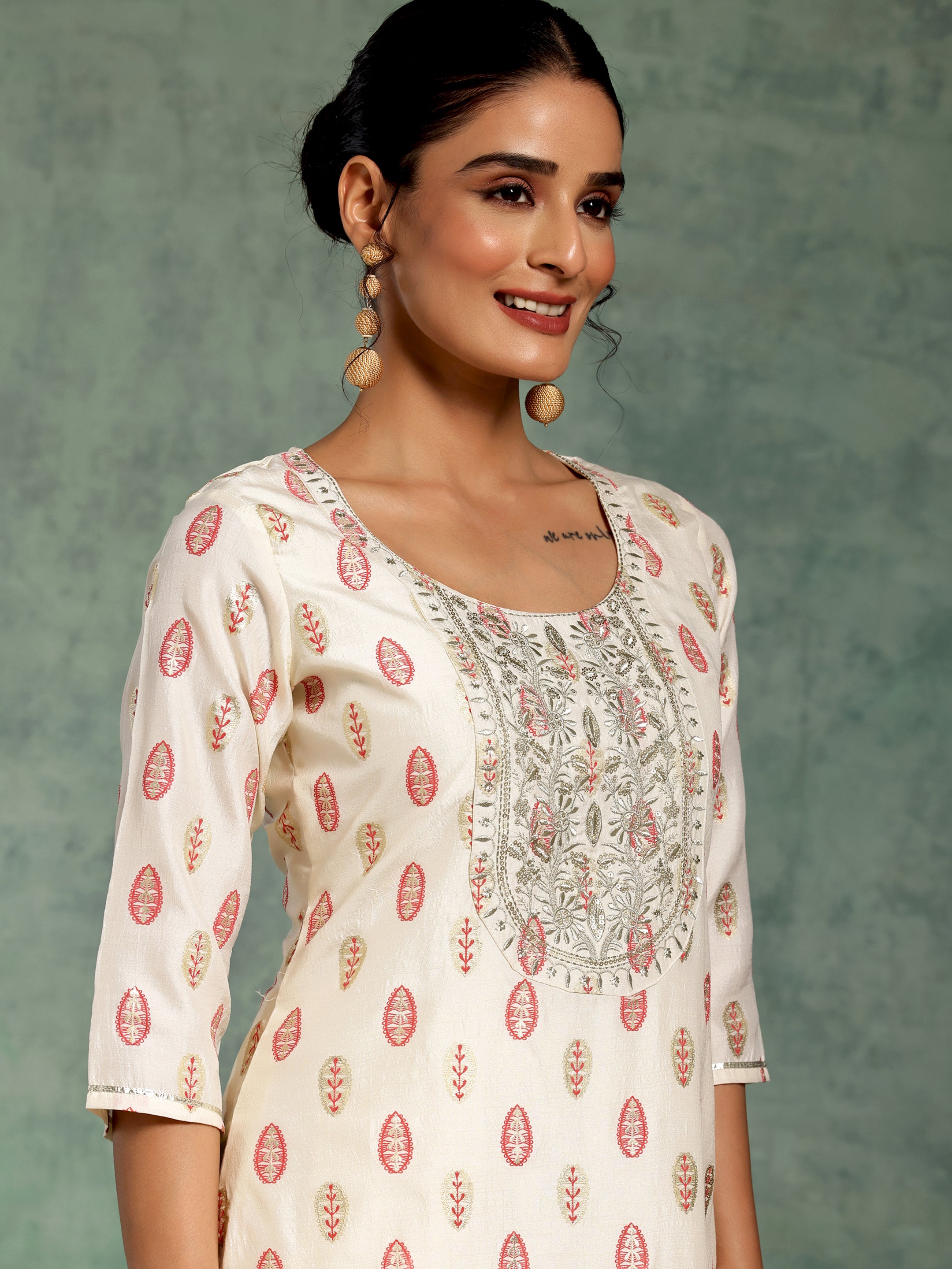 Off White Printed Silk Blend Straight Suit With Dupatta