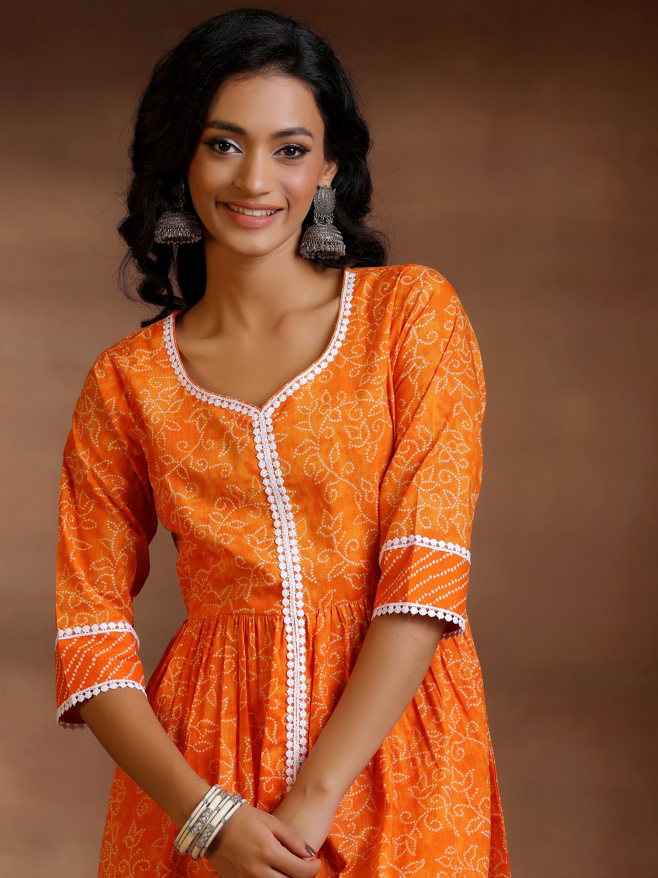 Orange Printed Cotton A-Line Kurti With Sharara & Dupatta