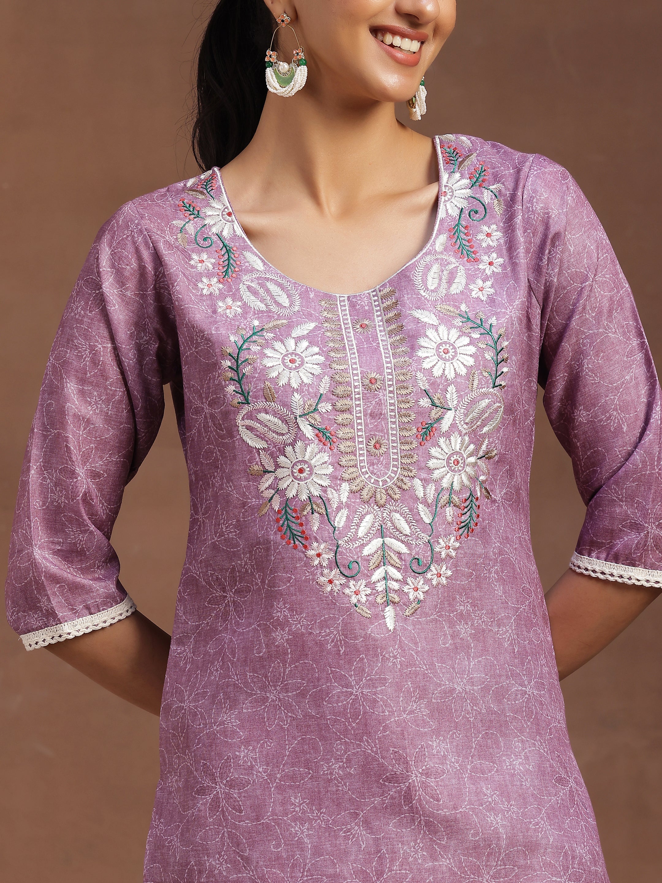 Mauve Yoke Design Cotton Straight Suit With Dupatta