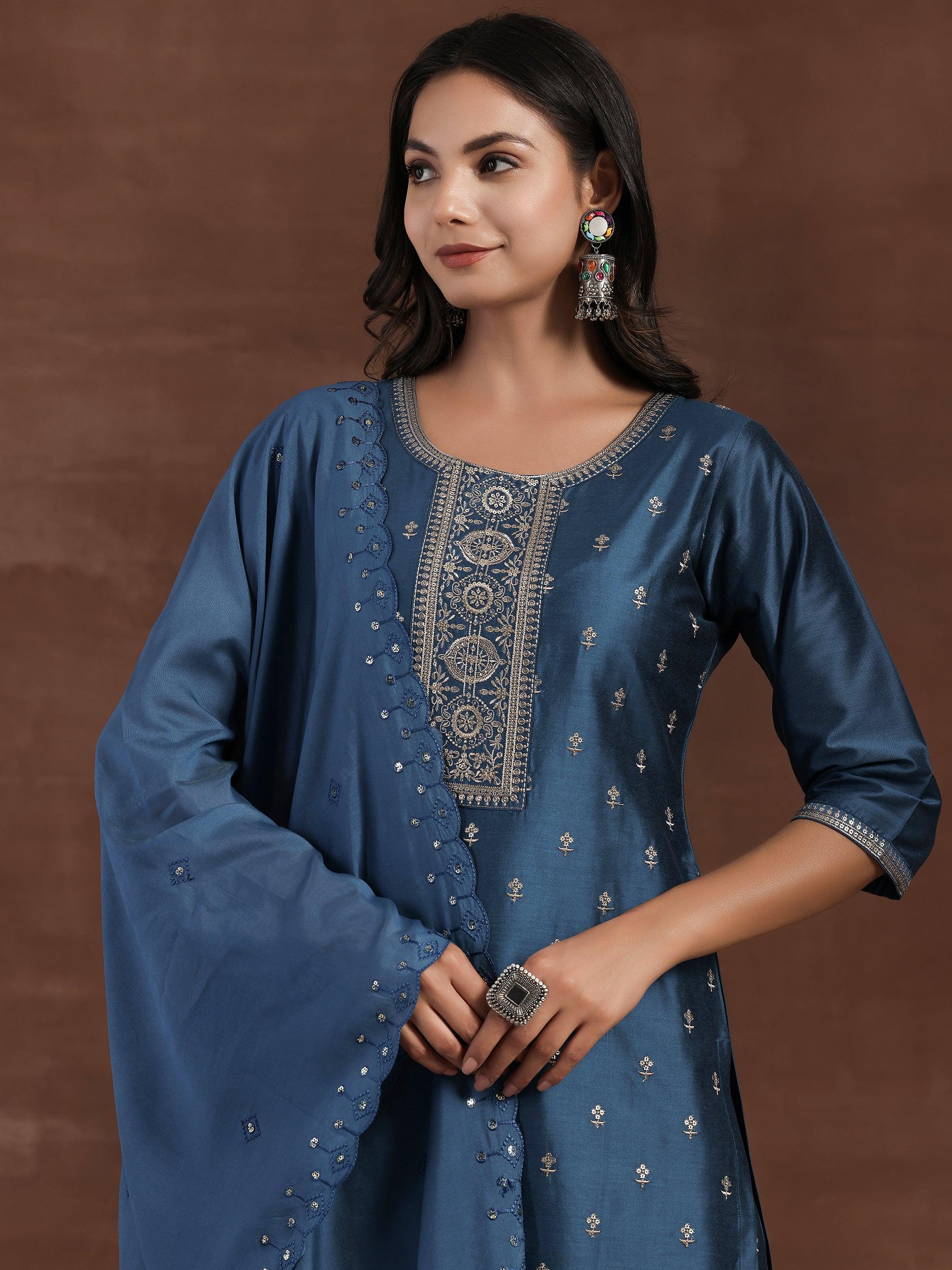 Blue Embroidered Silk Blend Straight Suit With Dupatta