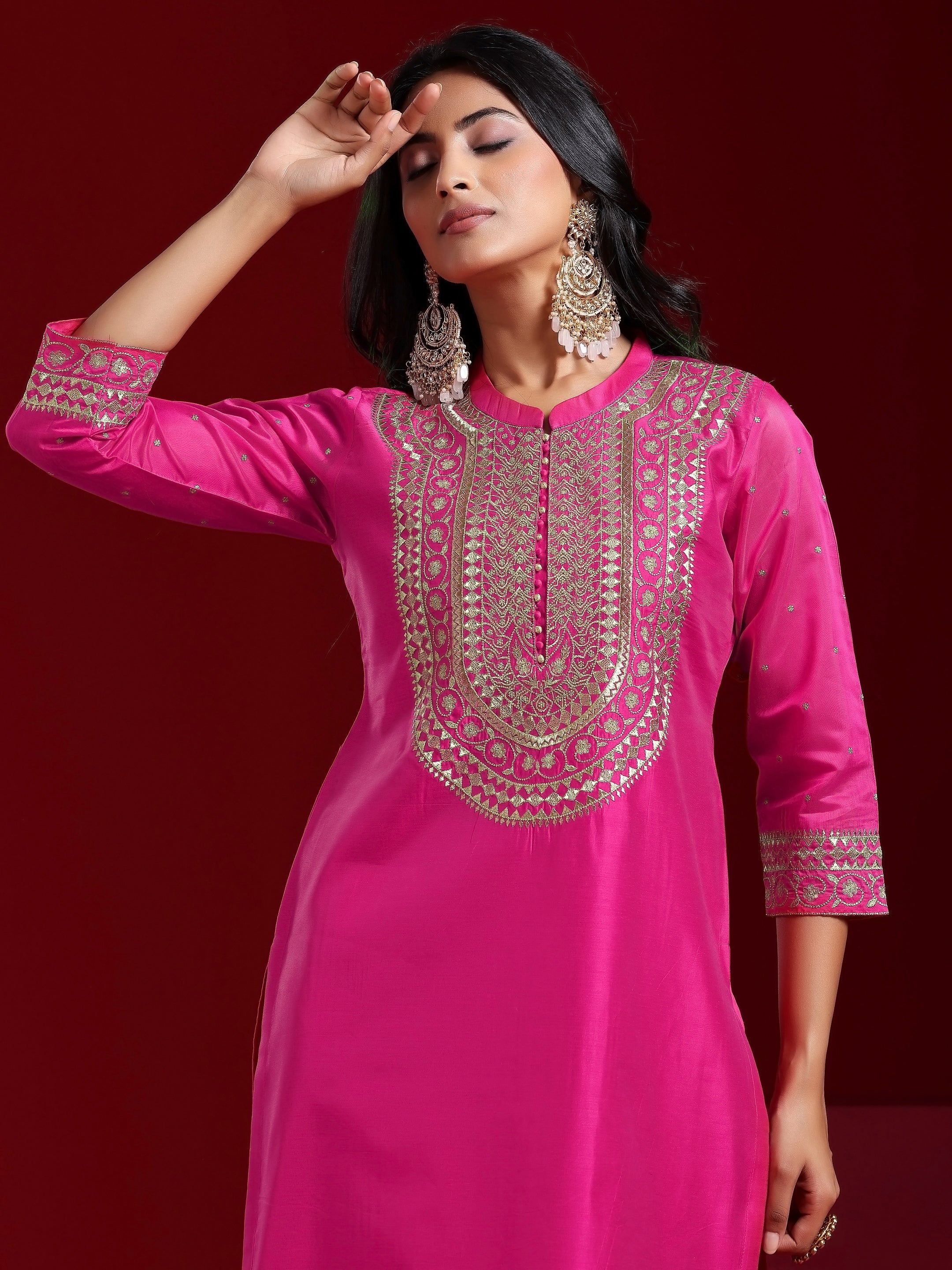 Libas Art Pink Yoke Design Chanderi Silk Straight Suit With Dupatta