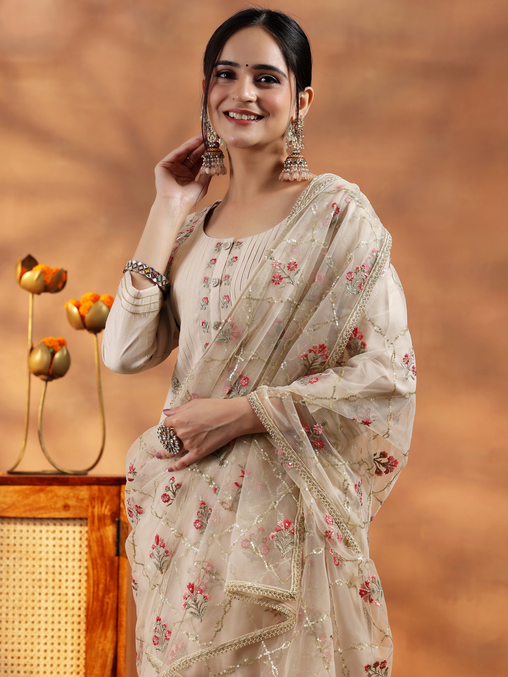 Ivory Yoke Design Silk Blend Straight Suit With Dupatta