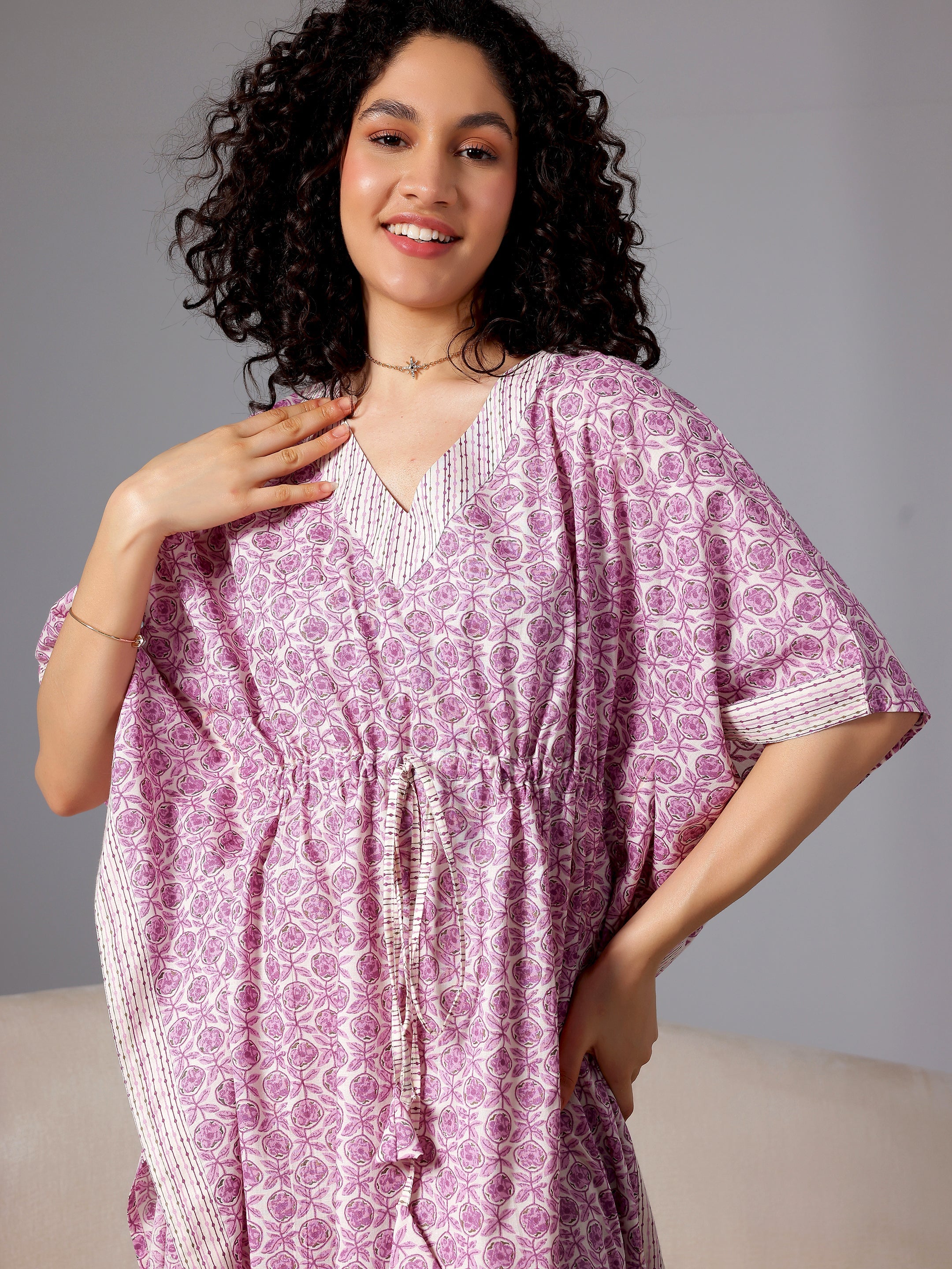 Purple Printed Cotton Kaftan Night Dress