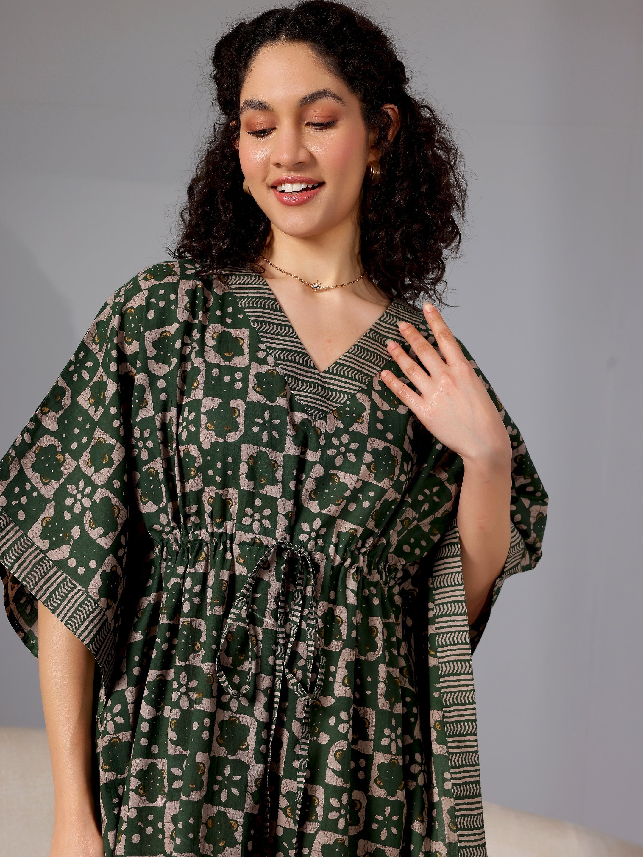 Green Printed Cotton Kaftan Night Dress